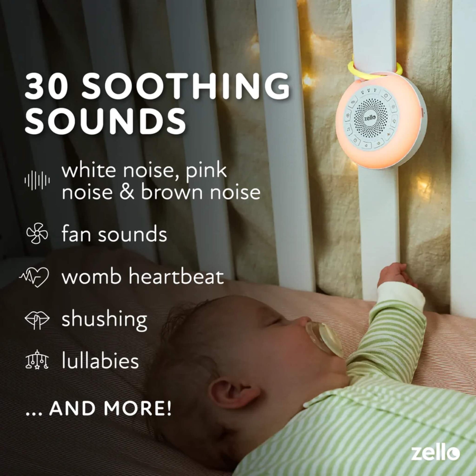 Baby sleeping in a cot next to the glowing white noise machine, with text highlighting 30 soothing sounds including womb heartbeat, shushing, lullabies, and fan sounds.