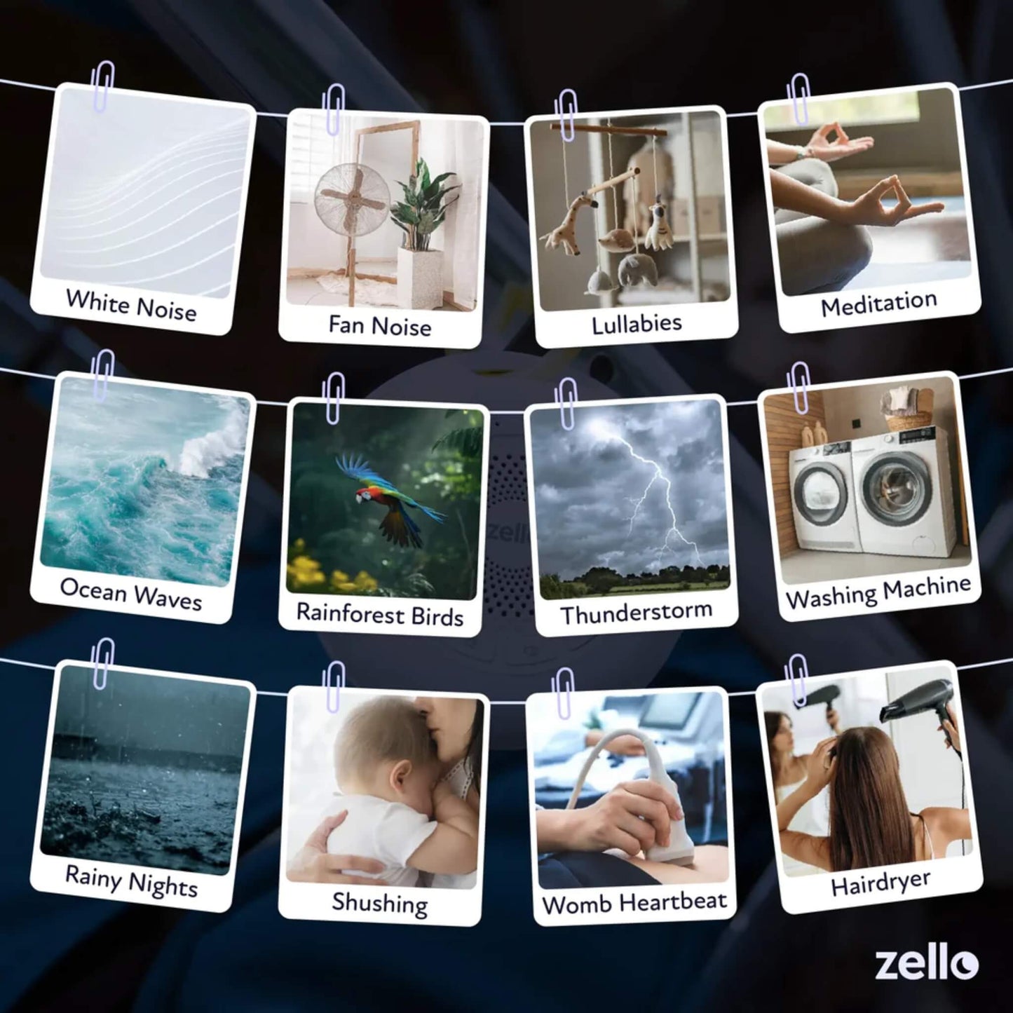 Graphic feature spread showing icons for different sound options including ocean waves, rainforest birds, thunderstorm, washing machine, rain, shushing, womb heartbeat, and hairdryer.