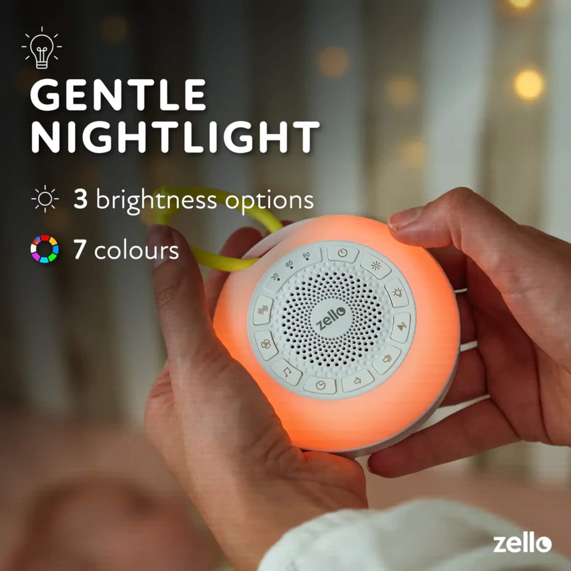 Hands holding a portable sound soother glowing orange, with text highlighting gentle night light options, three brightness settings, and seven colour choices.