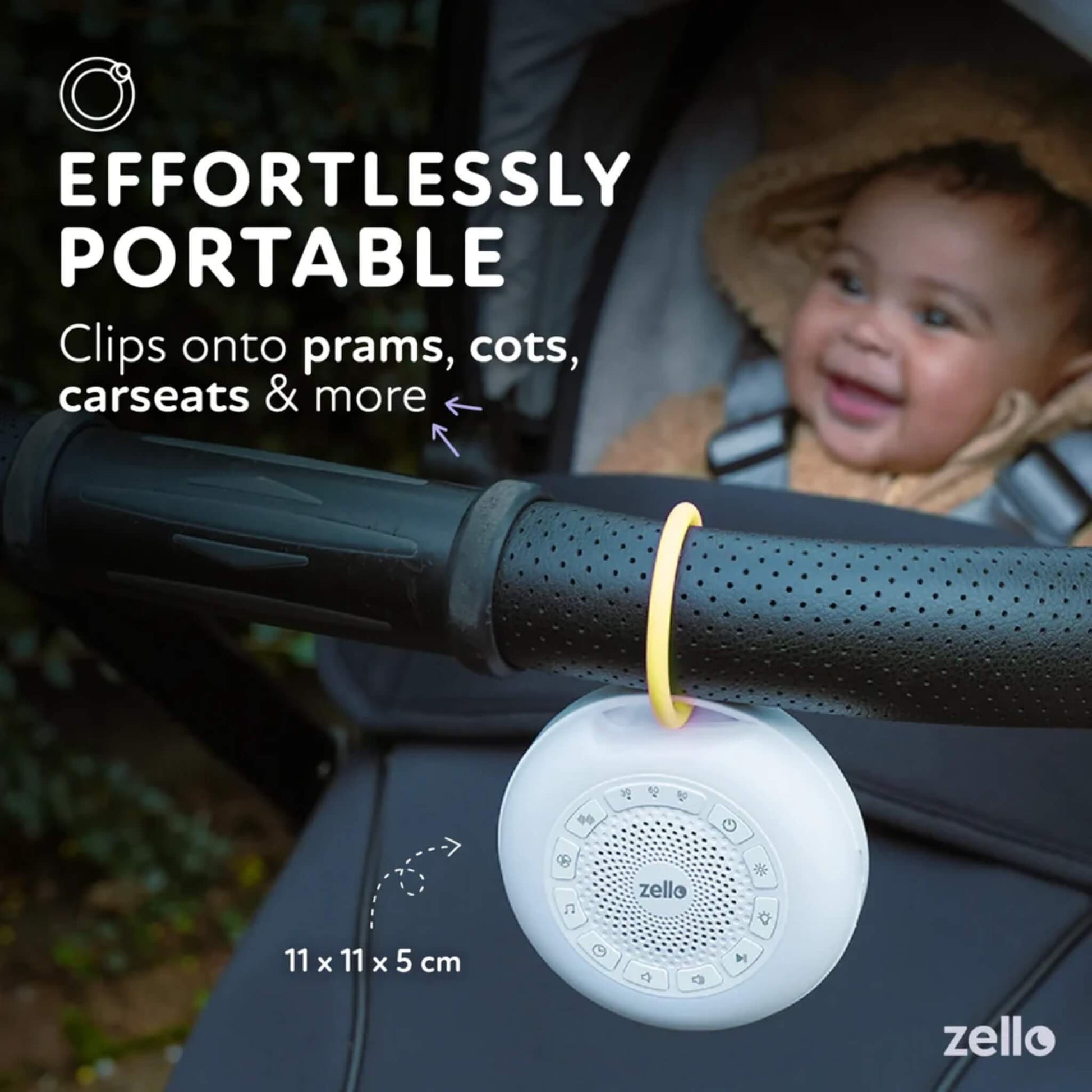 Zello Pro Max white noise machine clipped onto a pram handle beside a smiling baby, text emphasising effortless portability for cots, prams, and car seats.
