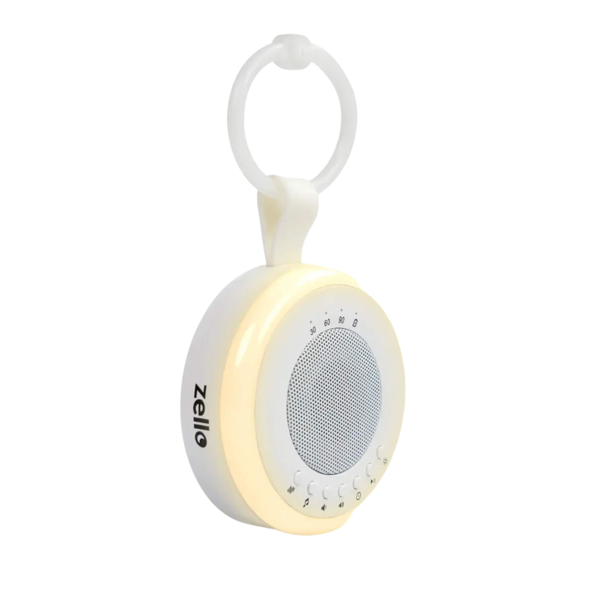 Zello Portable White Noise Machine and baby sleep aid with night light, shown with clip for attaching to cots, prams, and travel use.