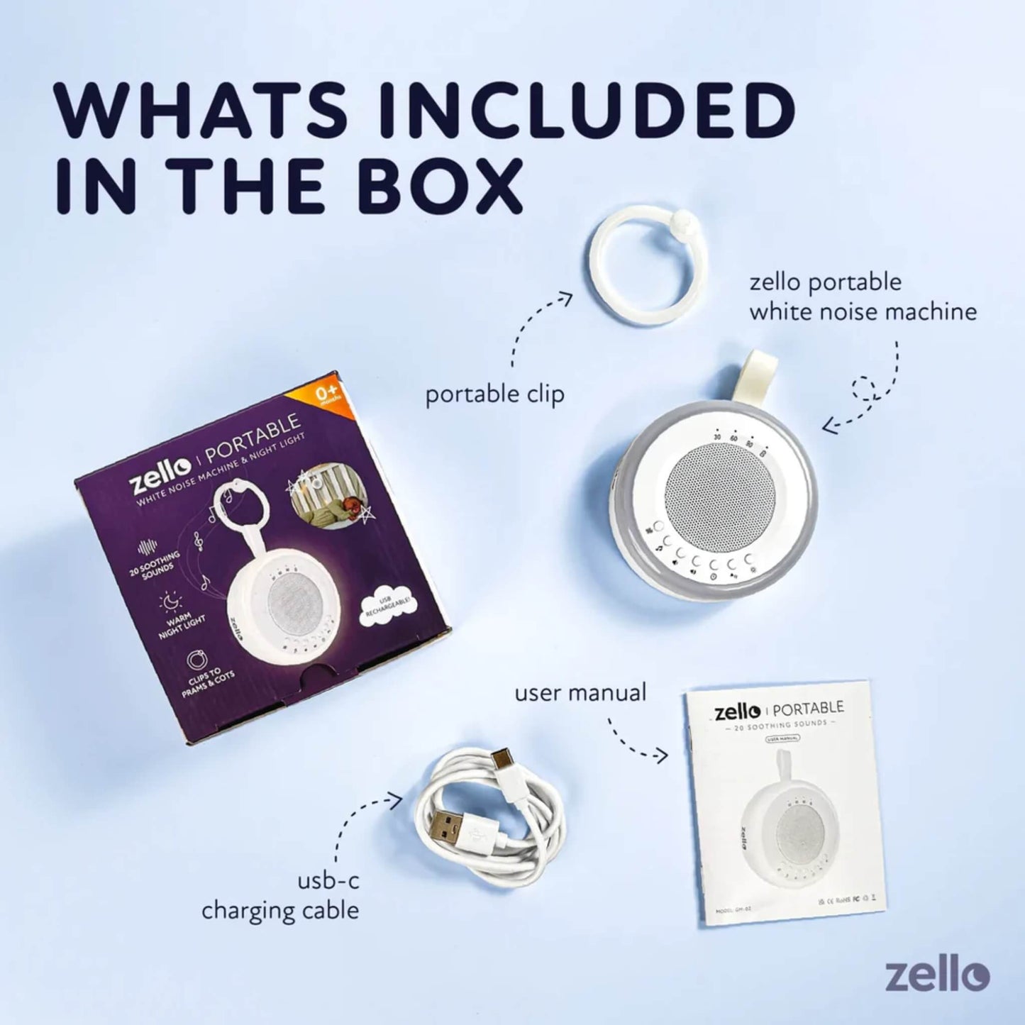Flat lay of Zello baby sleep aid box contents, showing portable white noise machine, clip, USB-C charging cable, and instruction manual.