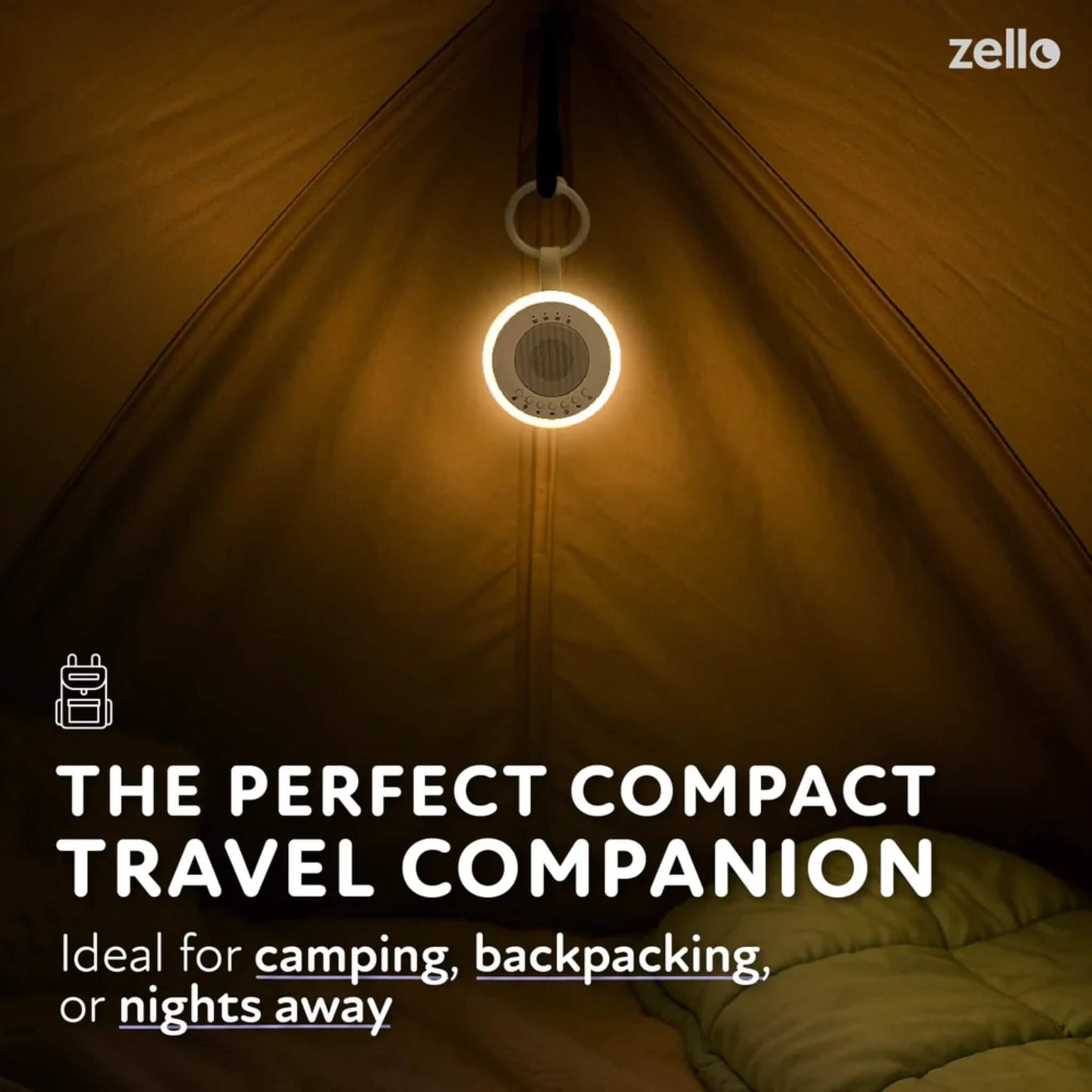 Portable baby sleep aid and night light hanging inside a tent, glowing warmly with overlay text describing it as a compact travel white noise machine ideal for camping, backpacking, and nights away.