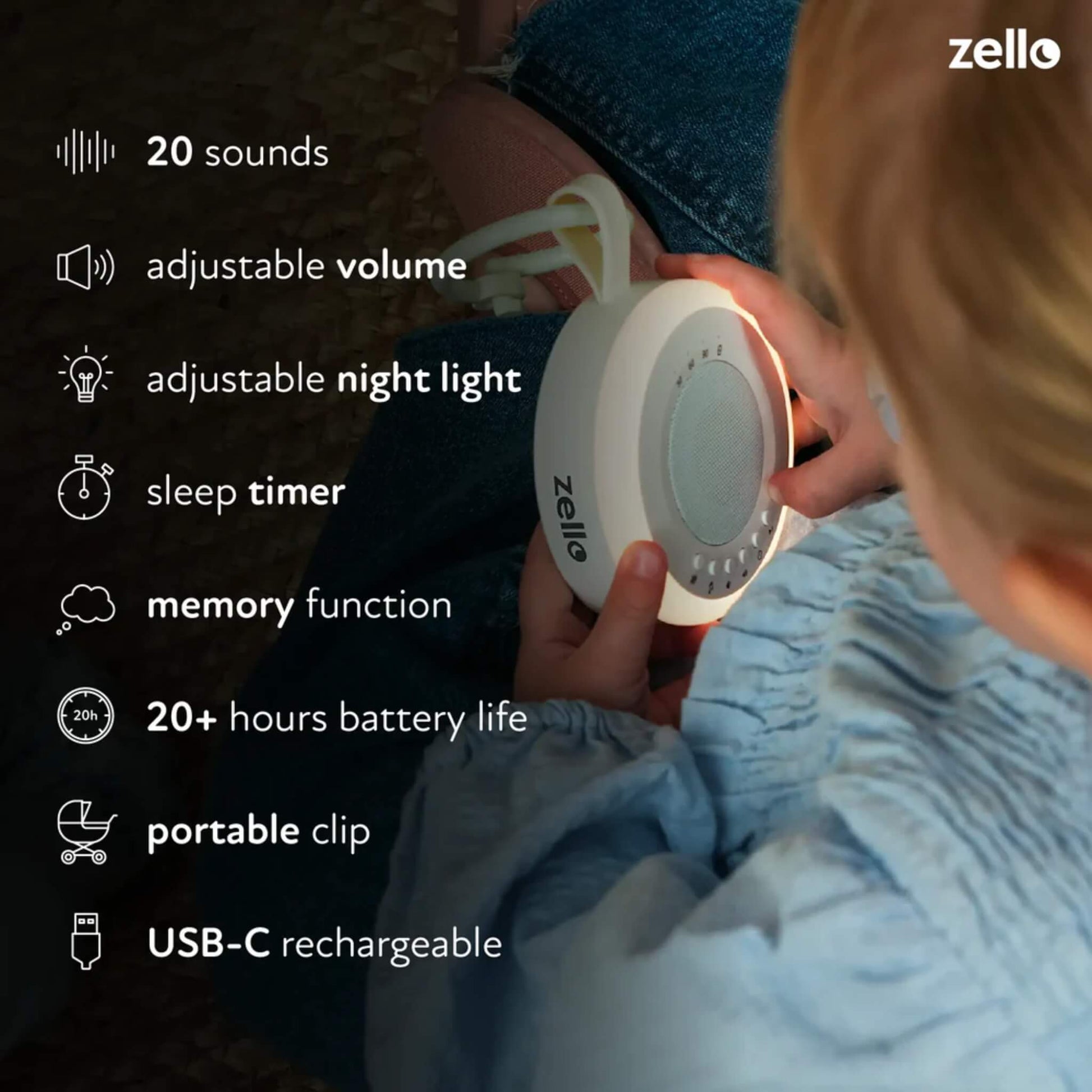 Toddler holding a travel white noise machine, with overlay listing features including 20 soothing sounds, adjustable volume, night light, and USB-C recharge.