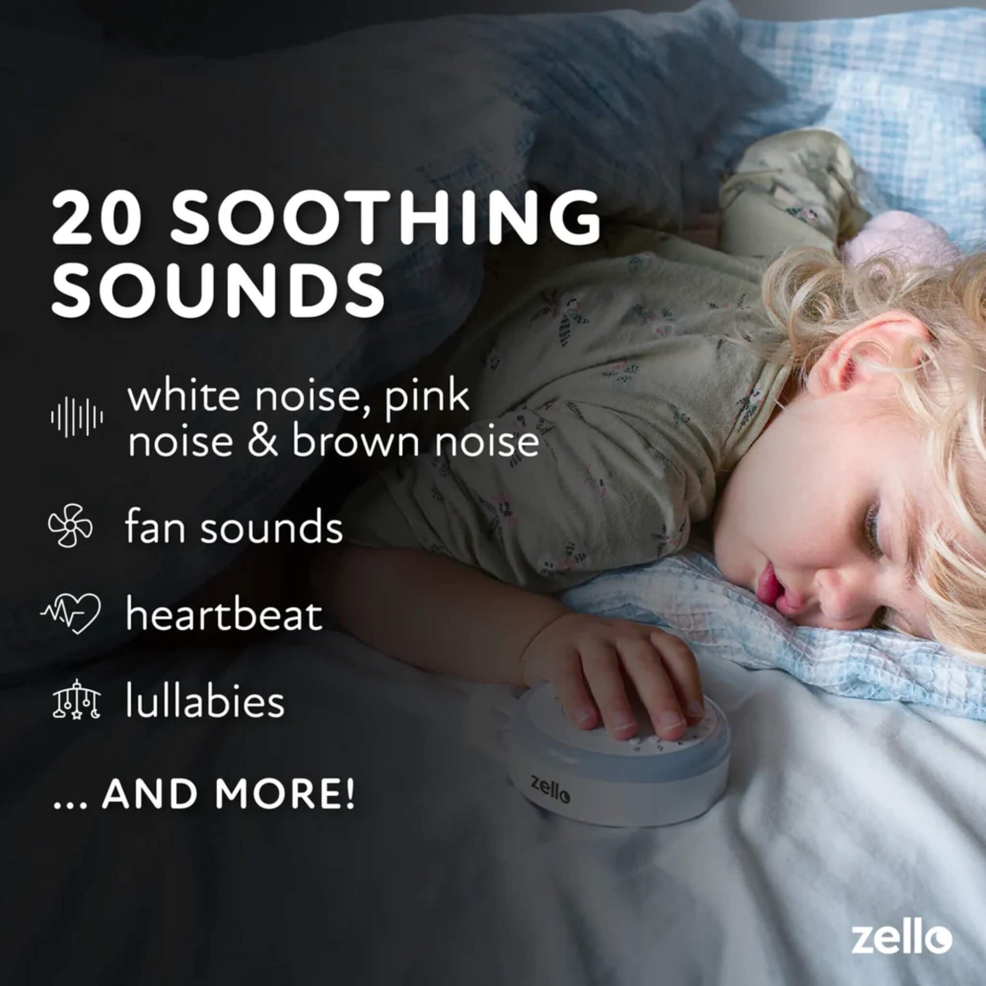 Baby sleep sound machine beside a child in bed, with overlay highlighting white noise, fan sounds, heartbeat, lullabies, and other calming options.