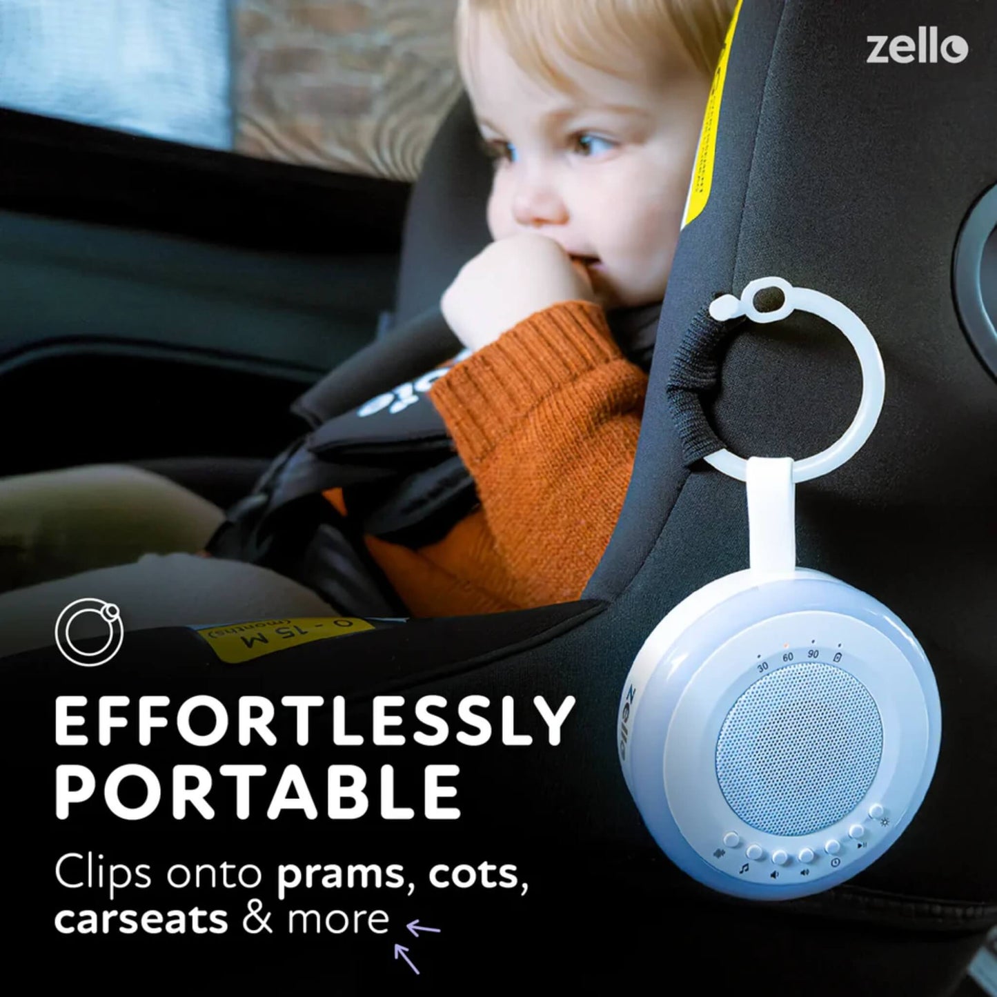 Travel white noise machine clipped to car seat beside toddler, overlay text describing effortless portability for prams, cots, and car journeys.