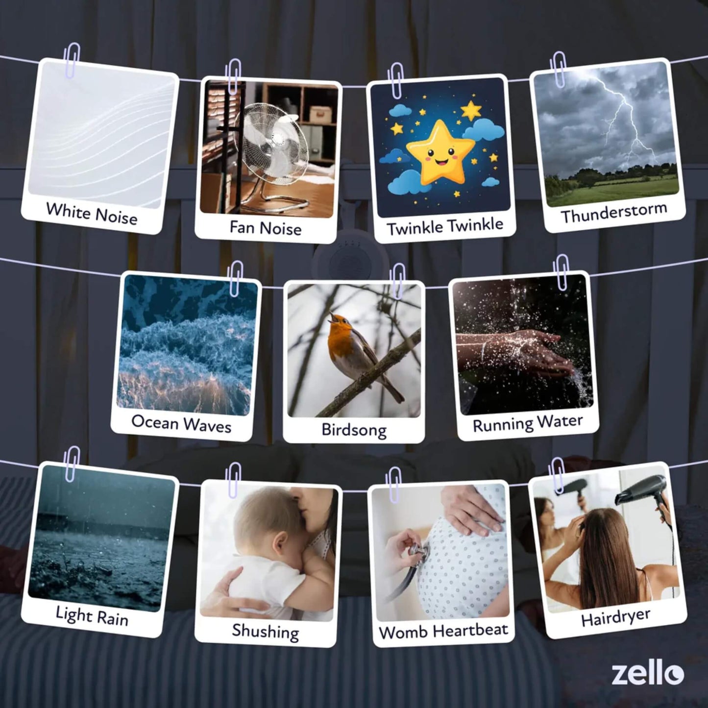 Sound soother options for portable baby sleep machine shown in graphic, including ocean waves, birdsong, rainfall, womb heartbeat, and lullabies.