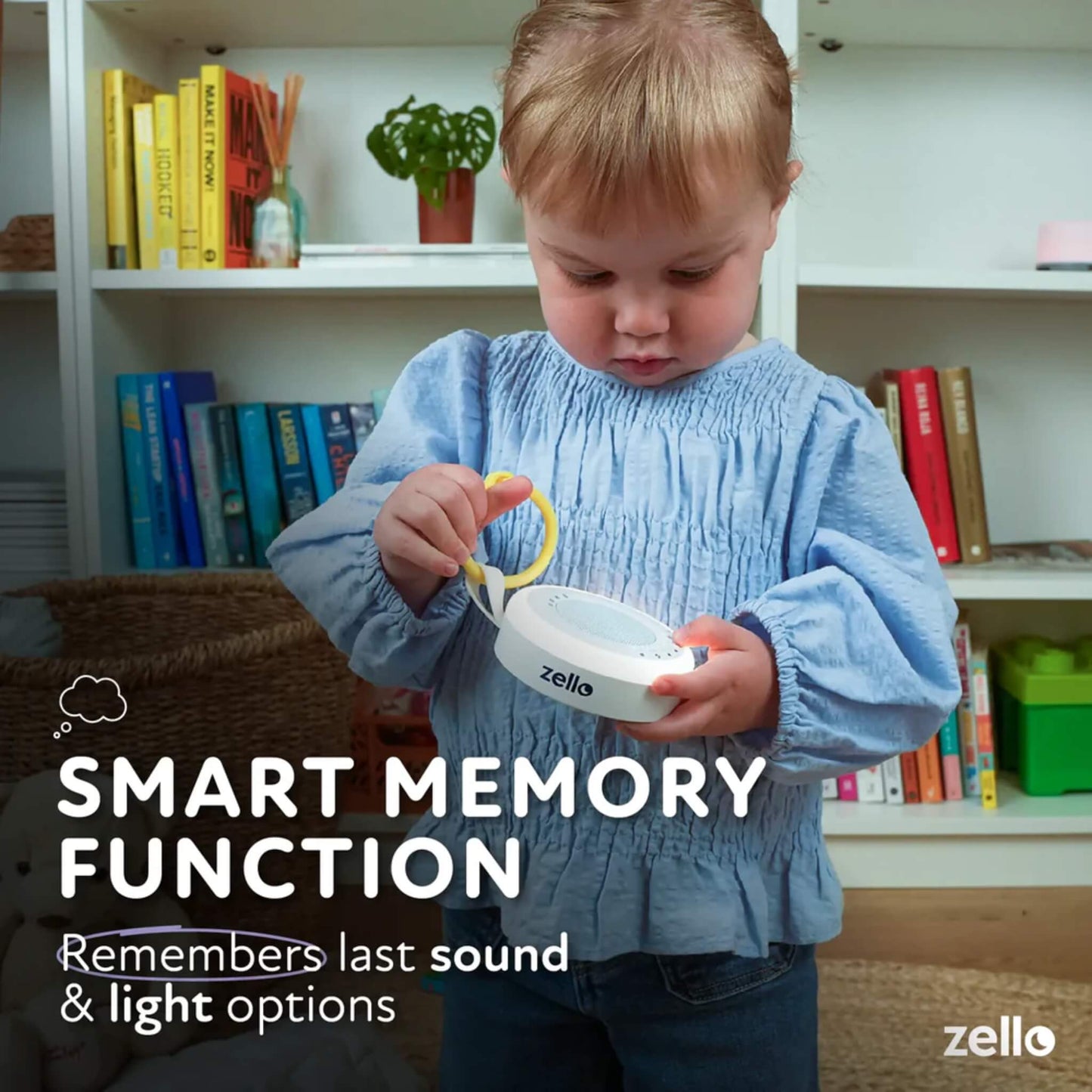 Toddler using portable sound soother indoors, overlay text describing smart memory function that remembers last sound and light settings.