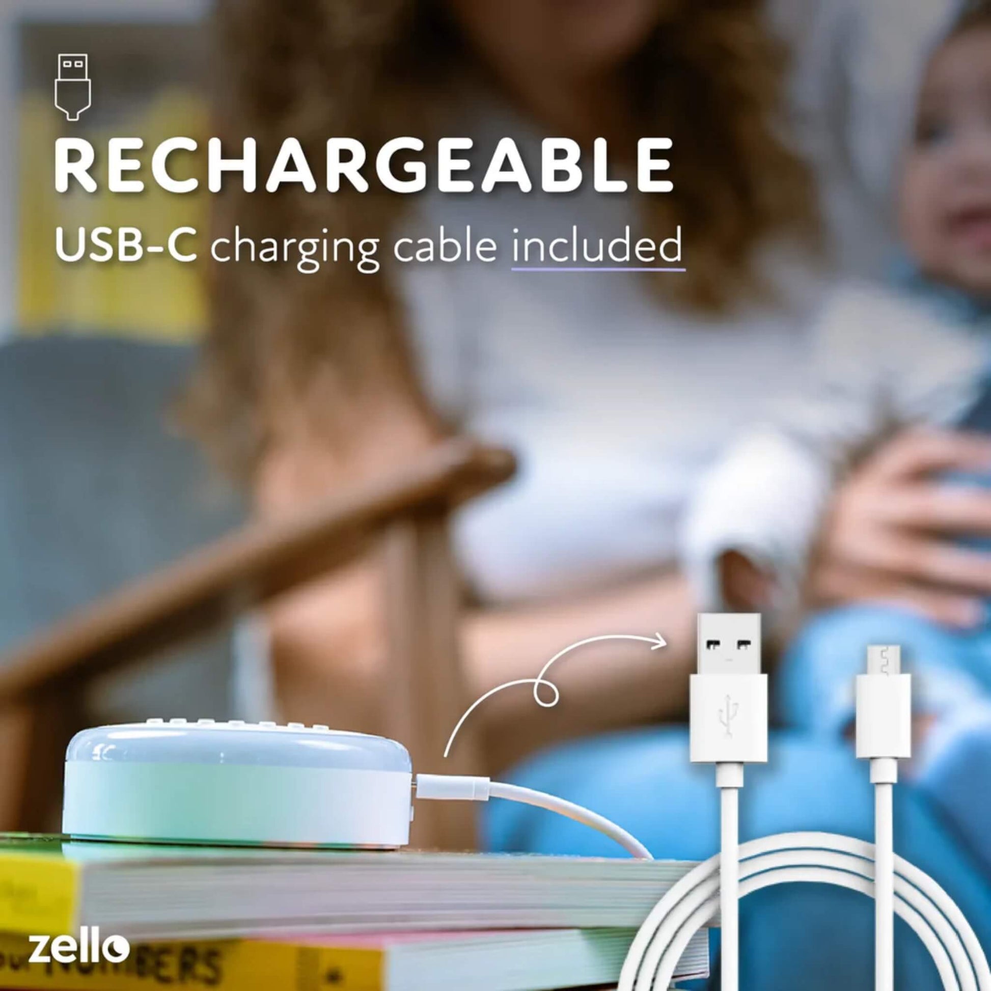 Rechargeable baby white noise machine with USB-C charging cable plugged in, overlay noting long battery life and cable included.