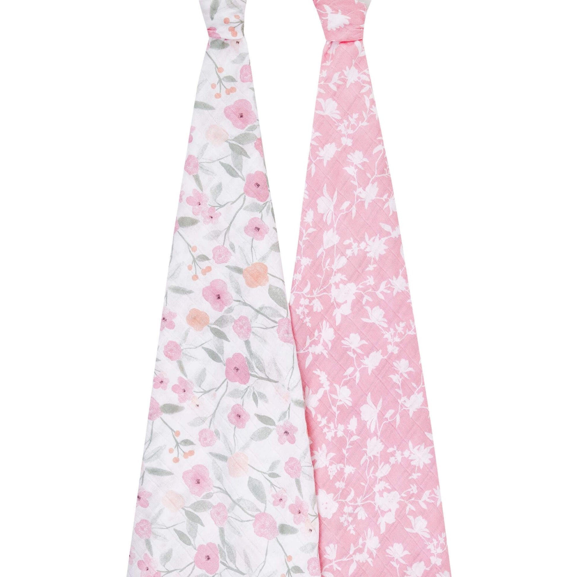 Two Aden + Anais muslin swaddles in Ma Fleur print, featuring pink and white floral designs on soft, breathable cotton fabric.