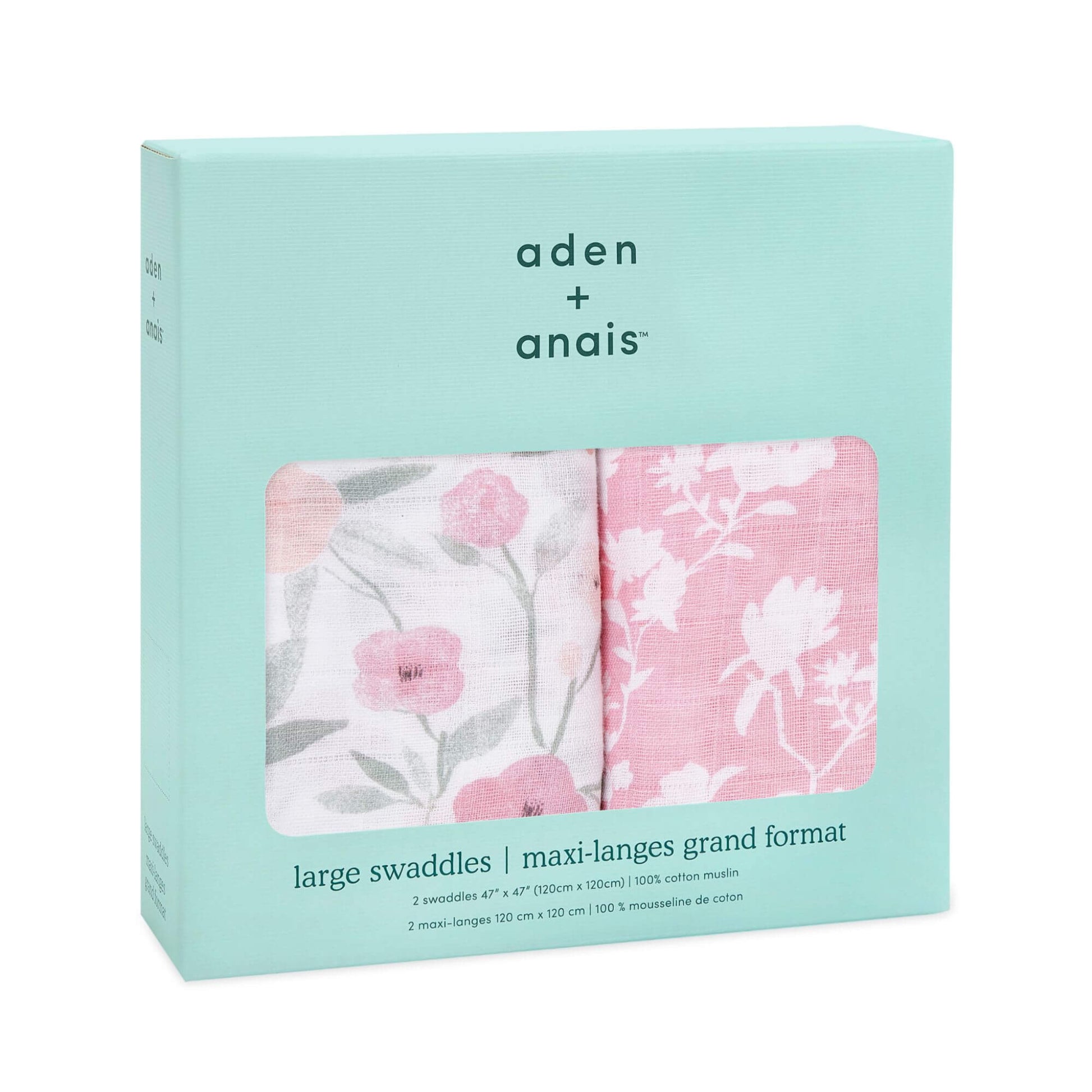 Packaged Aden + Anais 2-pack muslin swaddles in Ma Fleur print, featuring pink and white floral designs, made from 100% cotton muslin.