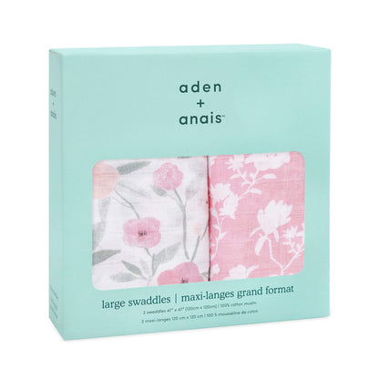 Packaged Aden + Anais 2-pack muslin swaddles in Ma Fleur print, featuring pink and white floral designs, made from 100% cotton muslin.