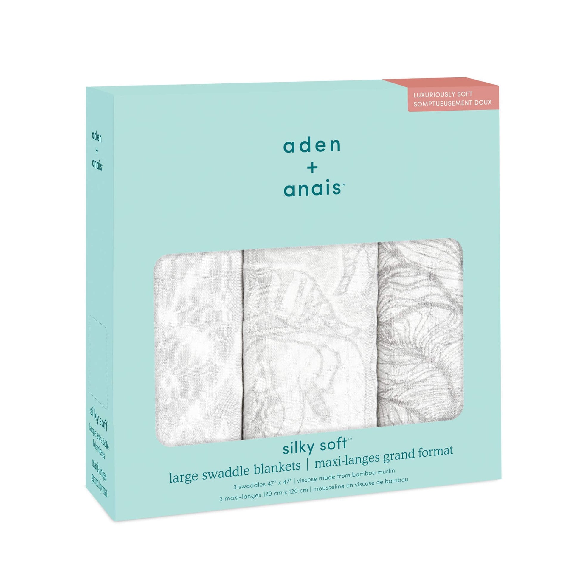 Boxed 3-pack Culture Club Silky Soft aden + anais Swaddles, featuring elegant grey and white patterns, crafted from breathable bamboo muslin.