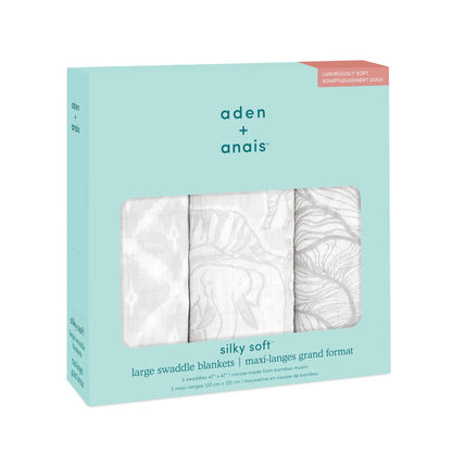 Boxed 3-pack Culture Club Silky Soft aden + anais Swaddles, featuring elegant grey and white patterns, crafted from breathable bamboo muslin.
