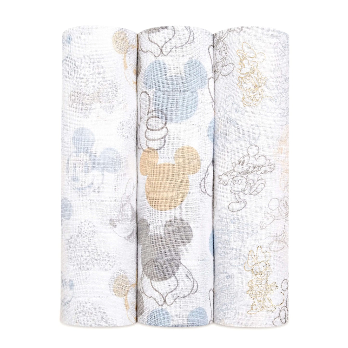 Set of three aden + anais Boutique Cotton Muslin Swaddles featuring Mickey and Minnie Mouse prints in soft pastel tones.