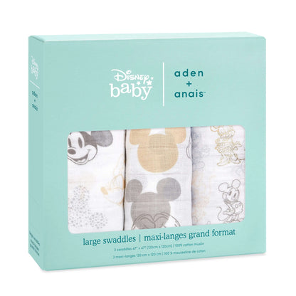 aden + anais Disney Baby Boutique Cotton Swaddle 3-pack in retail packaging with Mickey and Minnie Mouse designs.