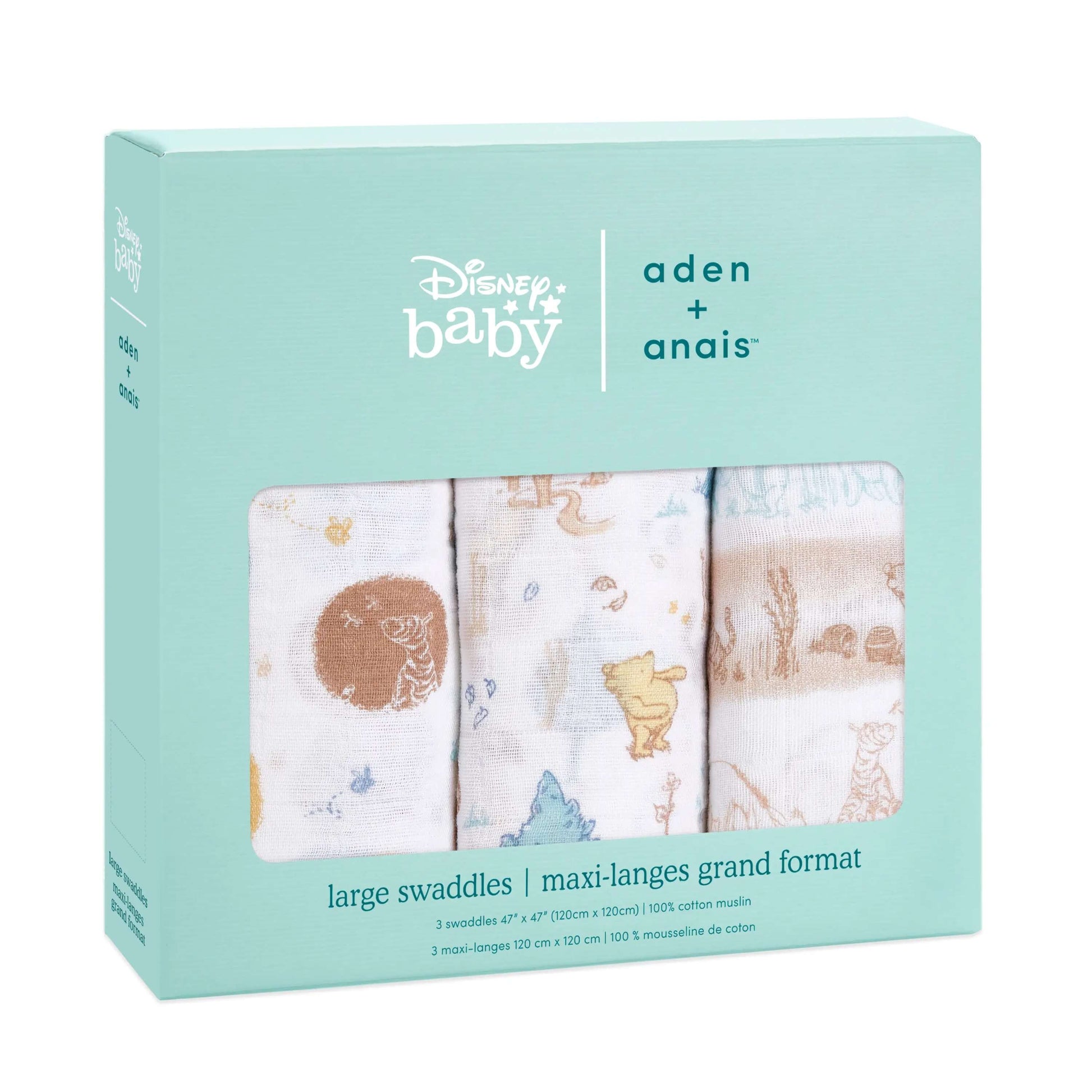 aden + anais Disney Baby Boutique Cotton Swaddle 3-pack in branded retail packaging with Winnie the Pooh and woodland illustrations.