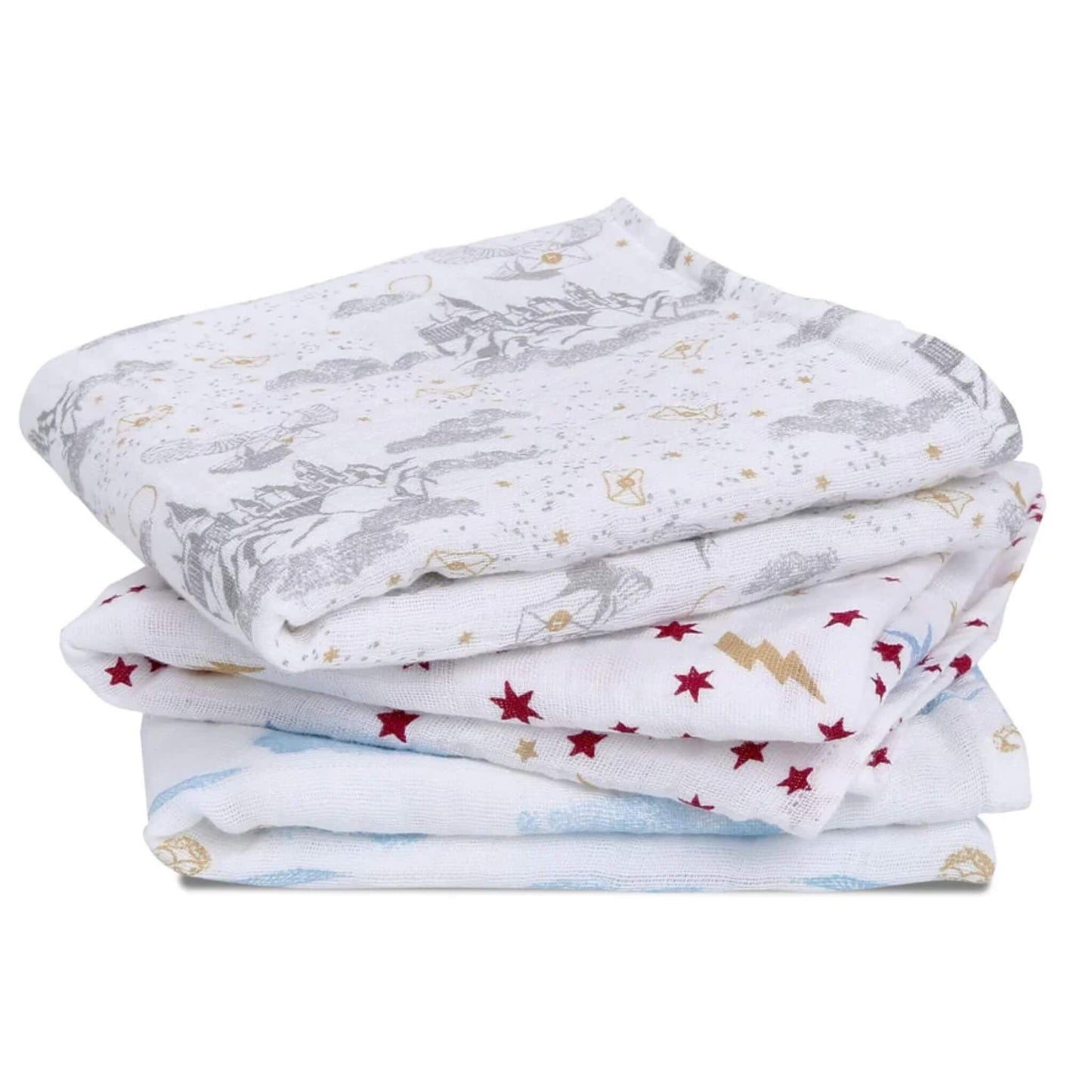 Stack of three cotton muslin squares with Harry Potter-themed prints in grey, red, gold, and blue.