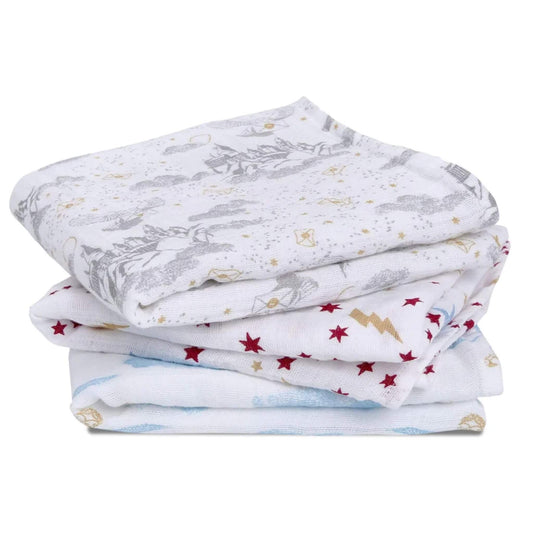 Stack of three cotton muslin squares with Harry Potter-themed prints in grey, red, gold, and blue.