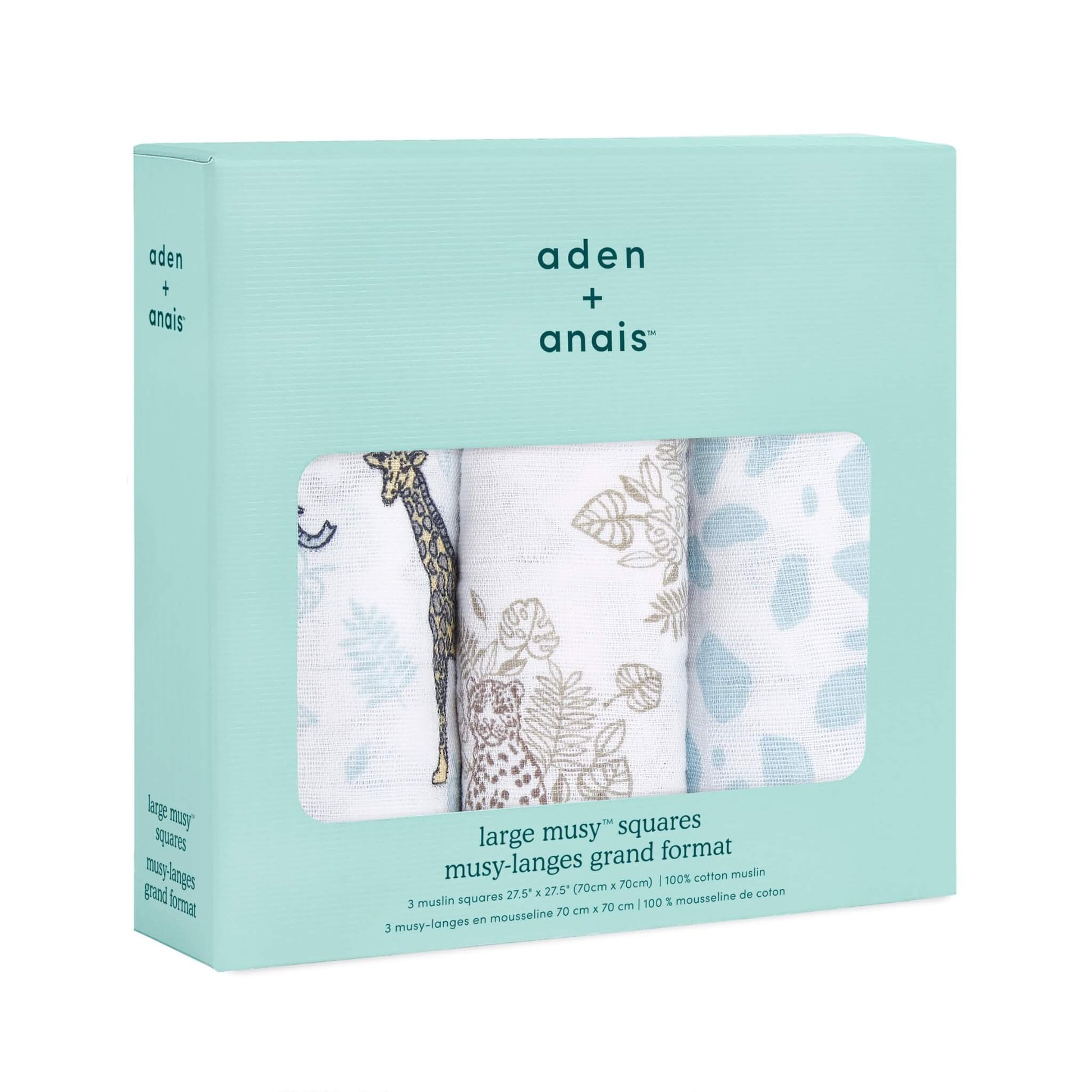 Boxed set of three aden + anais jungle-themed muslin squares in aqua packaging with animal and leaf prints.
