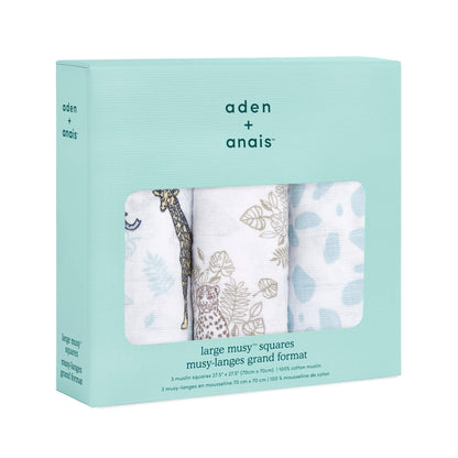 Boxed set of three aden + anais jungle-themed muslin squares in aqua packaging with animal and leaf prints.