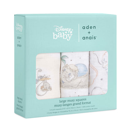 Boxed set of three aden + anais Disney Baby muslin squares with Dumbo prints, shown in signature aqua packaging.