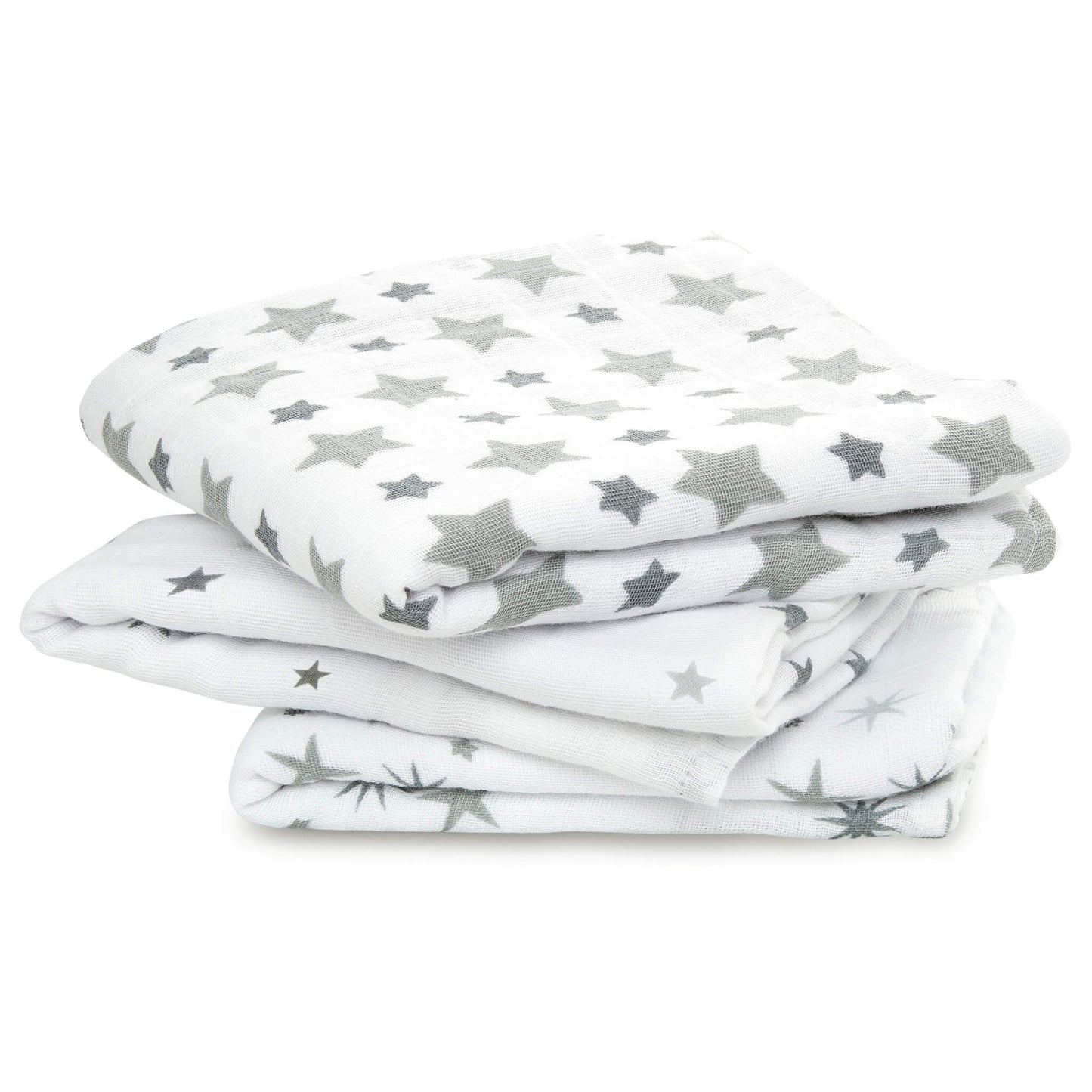 Stack of three white cotton muslin squares with grey star prints from the aden + anais Twinkle collection.