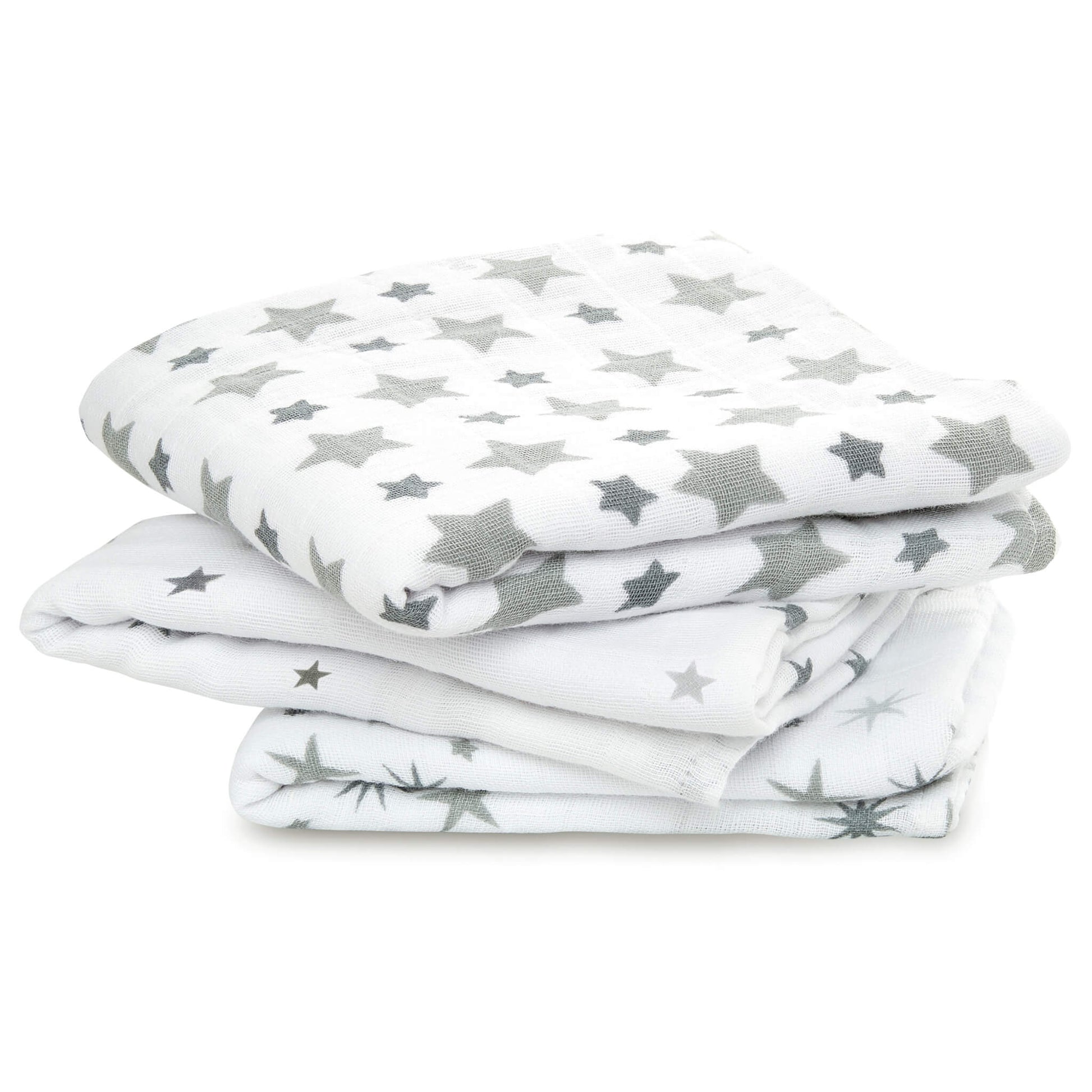 Stack of three white cotton muslin squares with grey star prints from the aden + anais Twinkle collection.