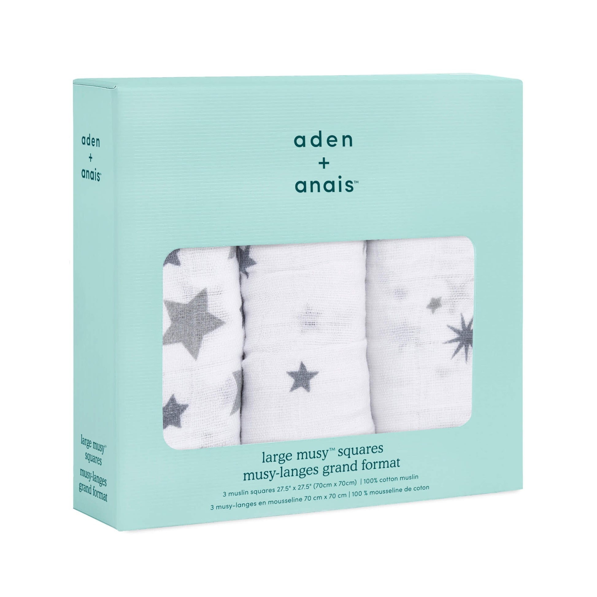 Boxed set of three aden + anais Twinkle muslin squares in soft grey star designs, shown in aqua packaging.