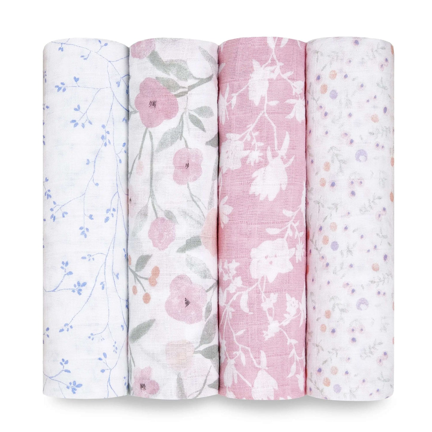 aden + anais Ma Fleur swaddle 4-pack in soft floral prints rolled for display.