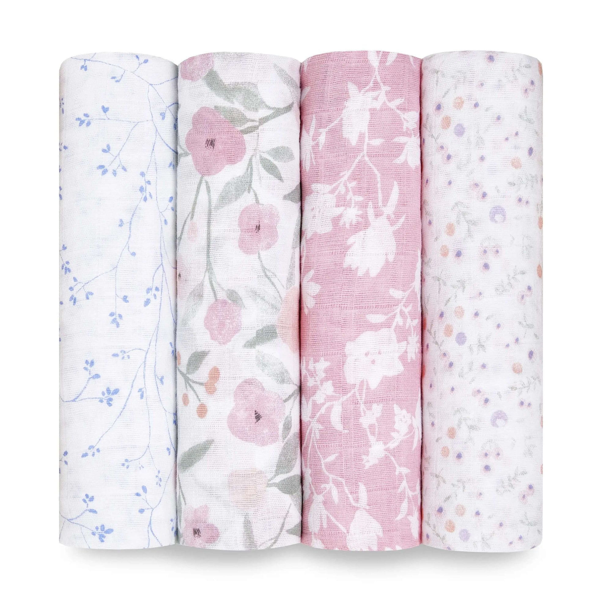 aden + anais Ma Fleur swaddle 4-pack in soft floral prints rolled for display.
