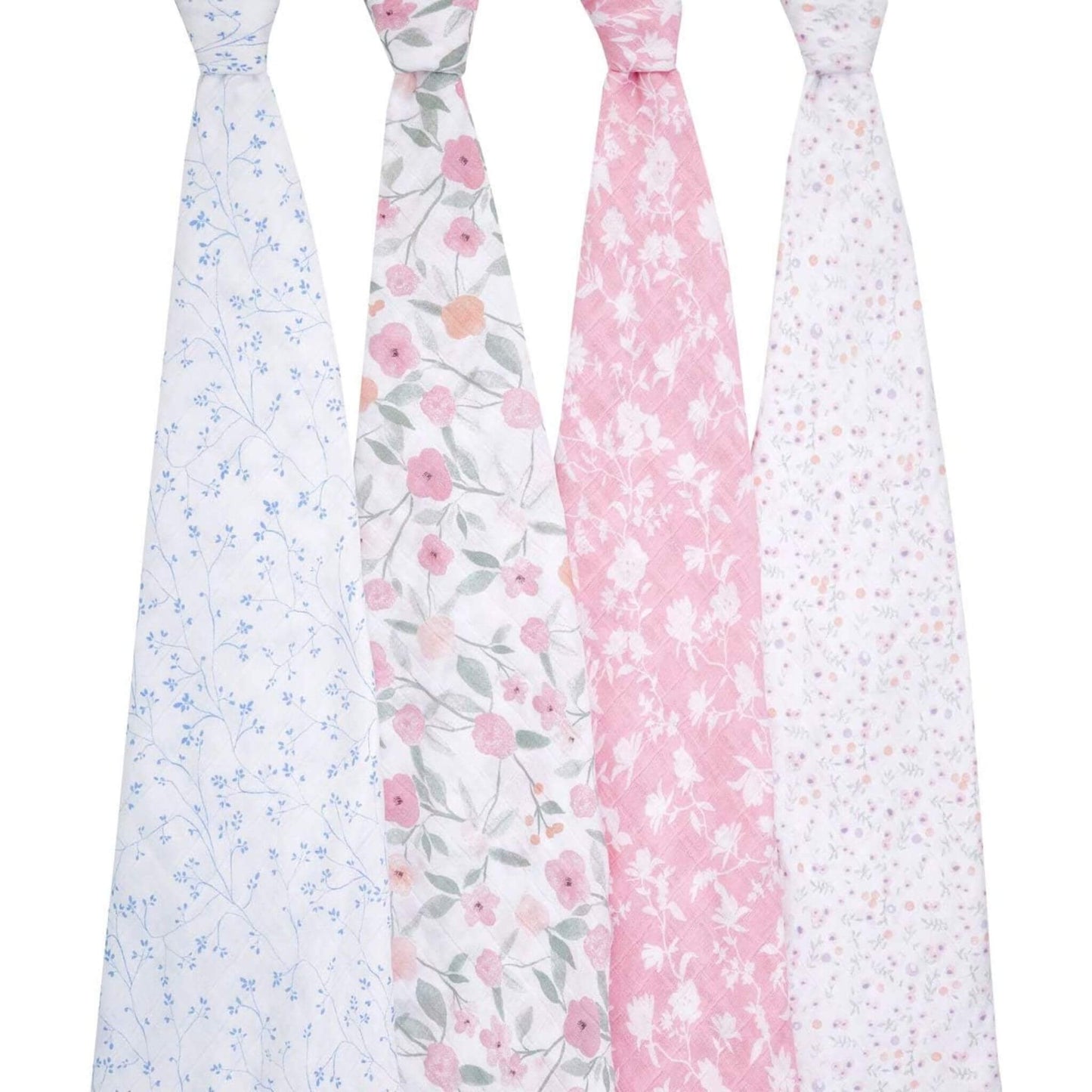 aden + anais Ma Fleur cotton swaddles 4-pack hanging to show full floral designs.
