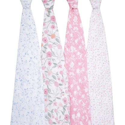 aden + anais Ma Fleur cotton swaddles 4-pack hanging to show full floral designs.