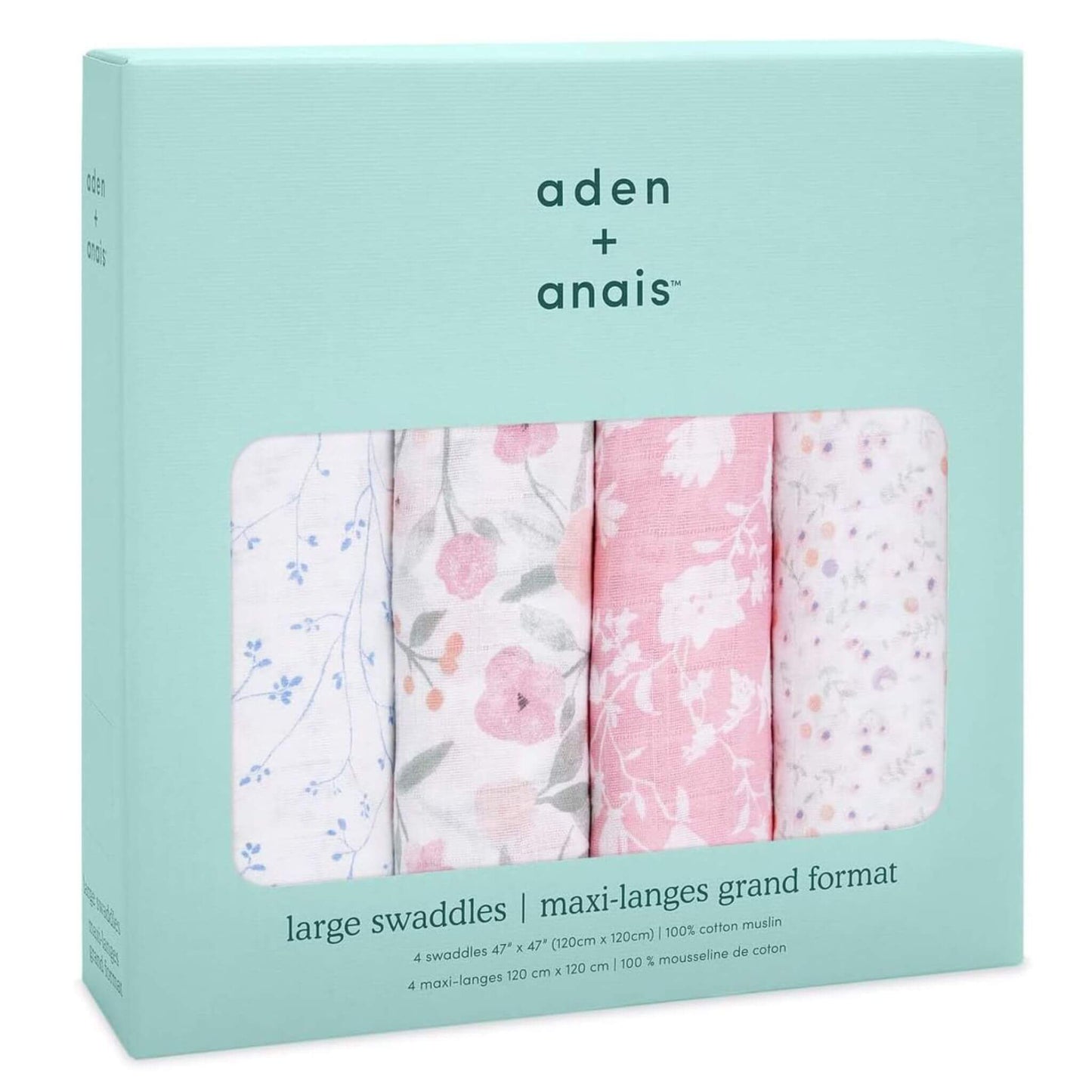 aden + anais Ma Fleur floral swaddle blankets in branded packaging box.
