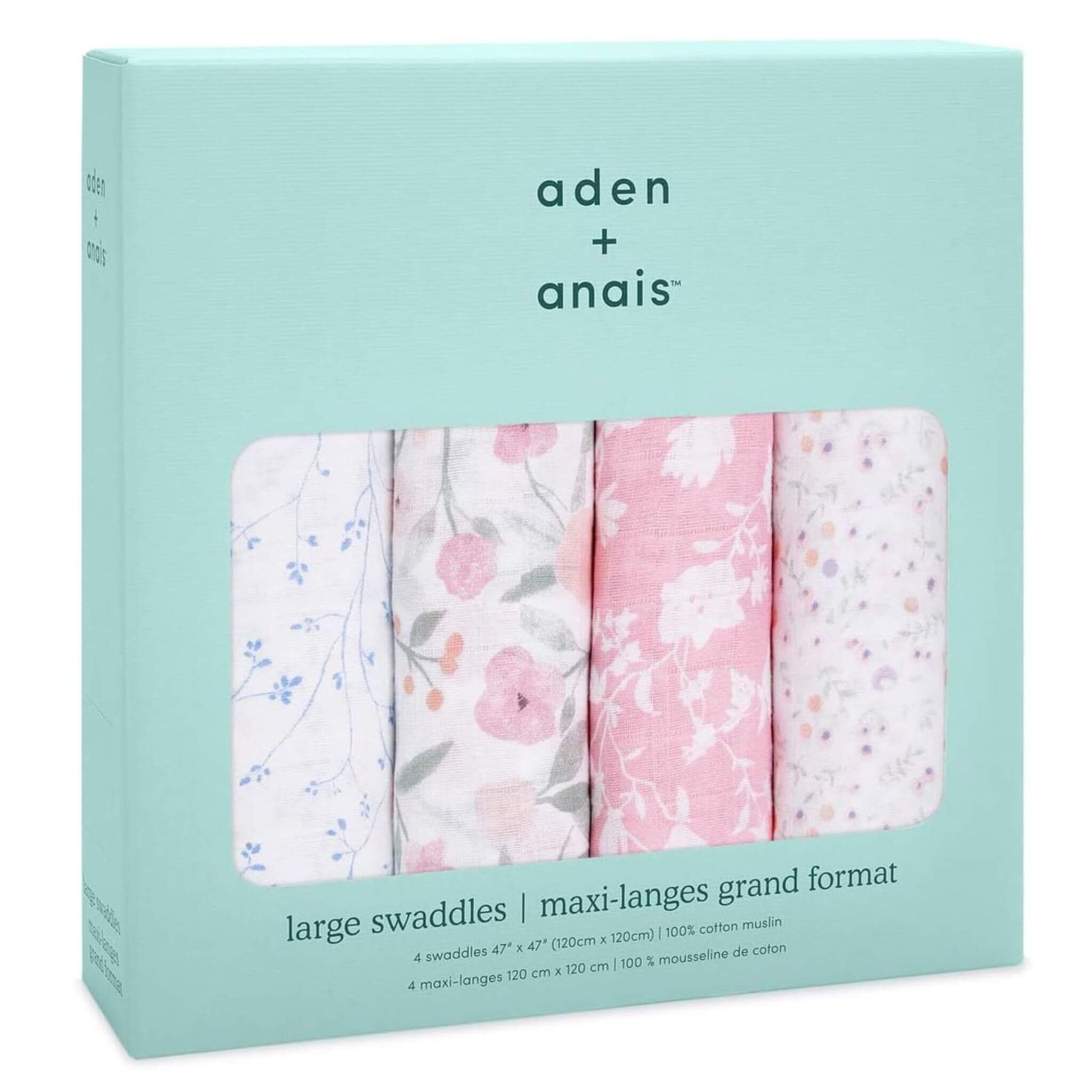 aden + anais Ma Fleur floral swaddle blankets in branded packaging box.