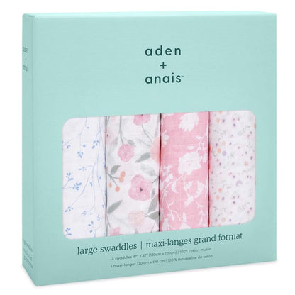 aden + anais Ma Fleur floral swaddle blankets in branded packaging box.