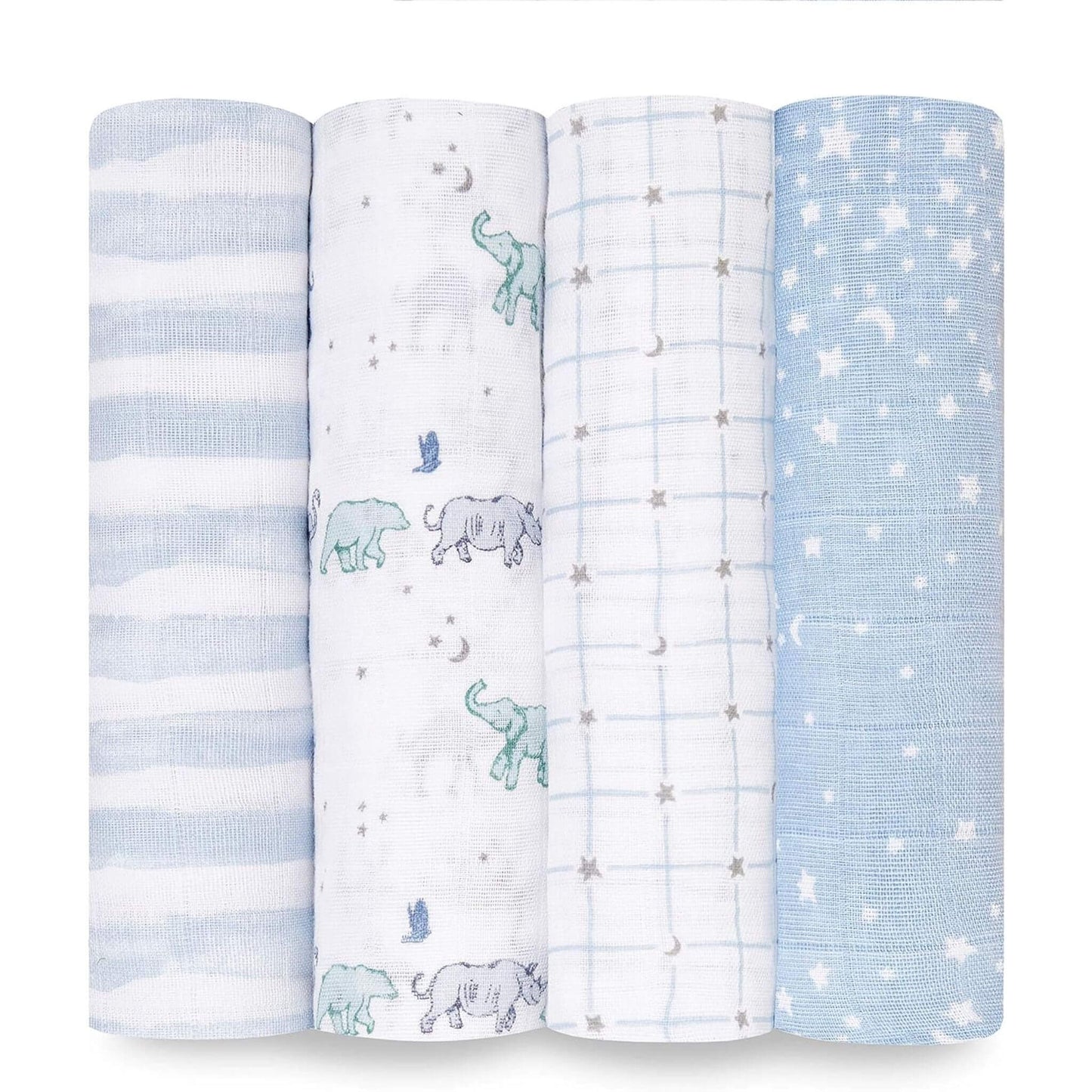 aden + anais Rising Star swaddle 4-pack featuring blue and white cotton muslin blankets. Includes star, animal, stripe, and grid prints.