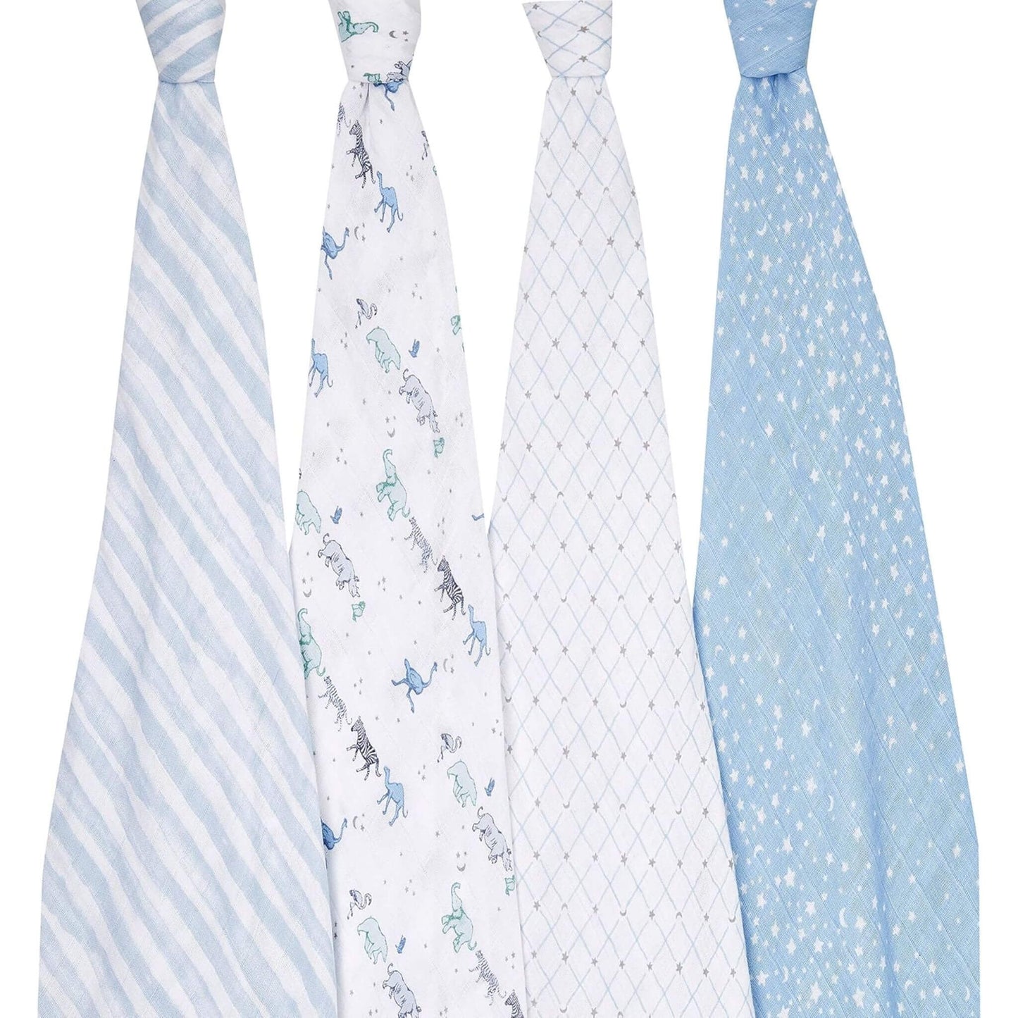 aden + anais cotton muslin swaddles from the Rising Star collection. Four soft, breathable swaddles with safari animals, stars, and classic patterns.