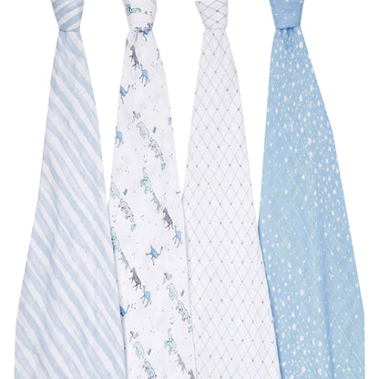 aden + anais cotton muslin swaddles from the Rising Star collection. Four soft, breathable swaddles with safari animals, stars, and classic patterns.