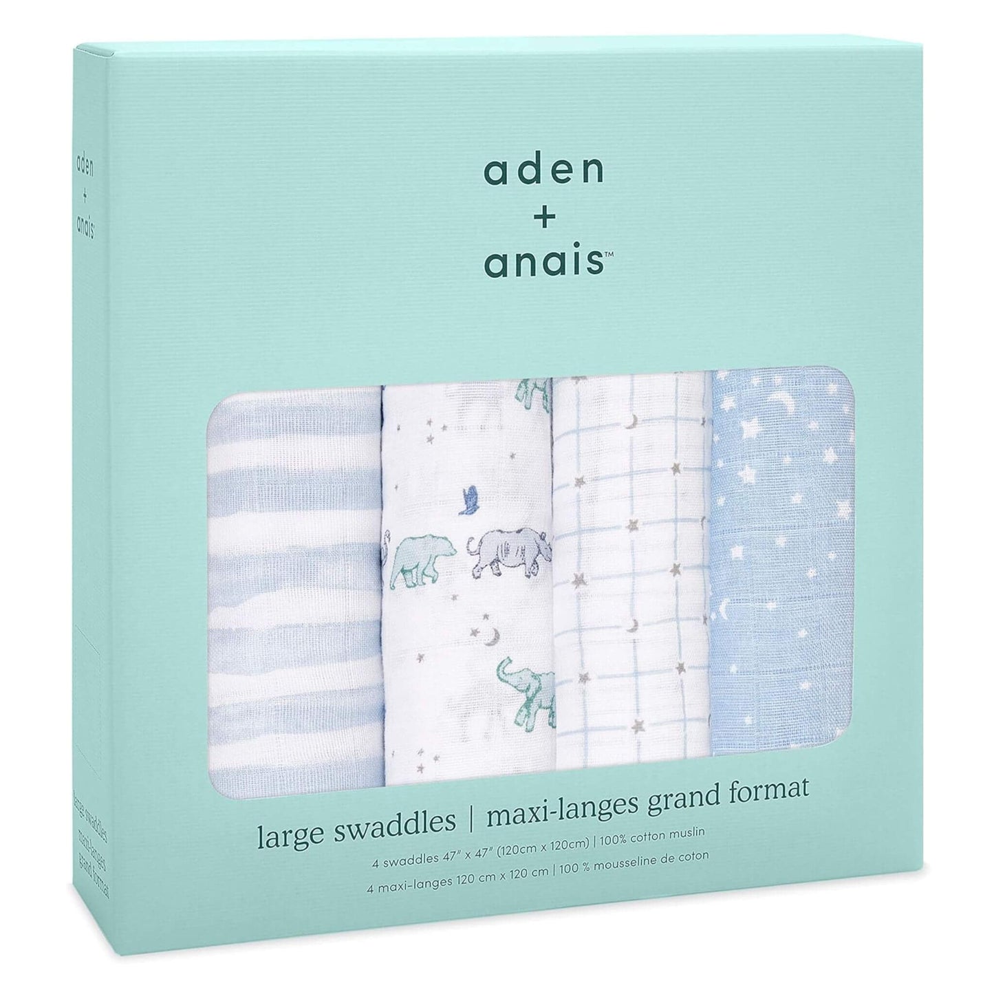 aden + anais Rising Star swaddle set in gift box. Includes four 100% cotton muslin swaddles in coordinating blue and white prints.