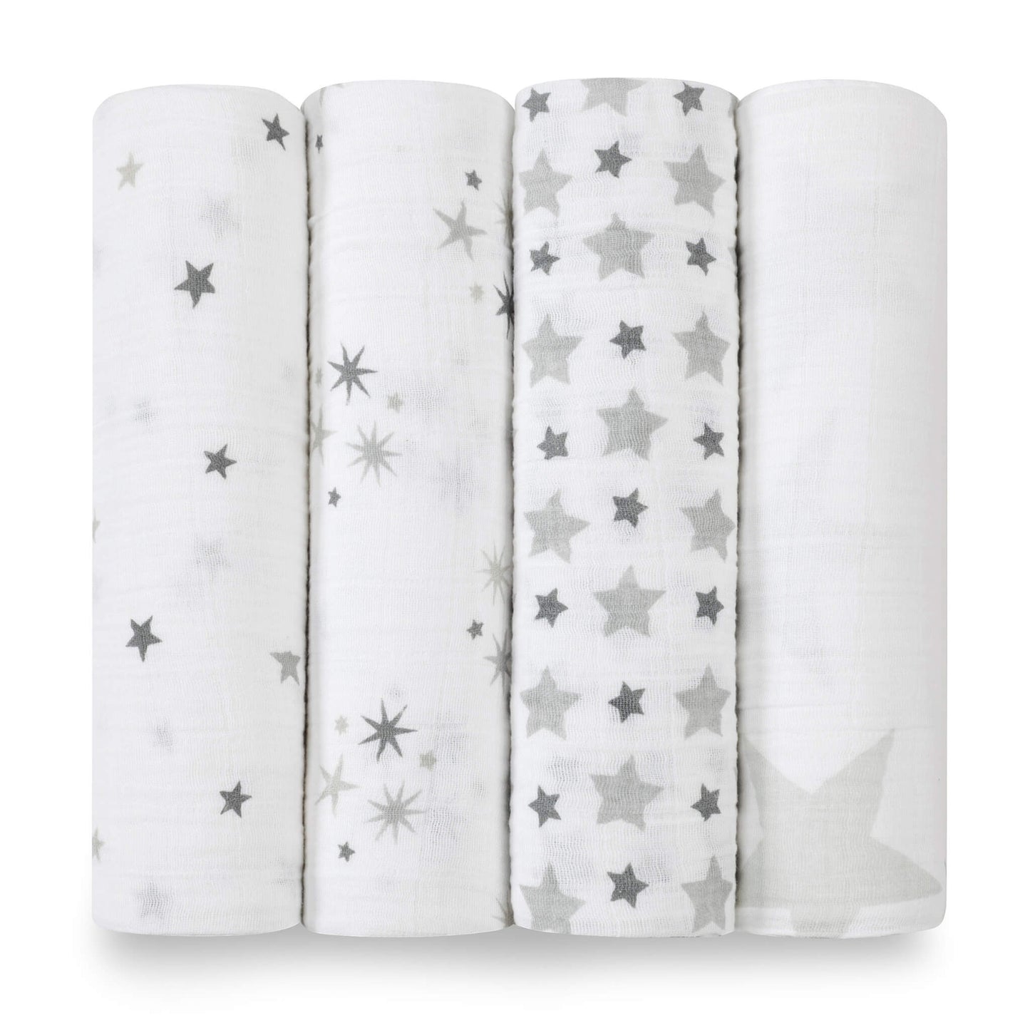 Rolled view of aden + anais Boutique Cotton Swaddle 4pk in Twinkle. Includes starry grey and white muslin swaddles. Breathable and soft cotton fabric.