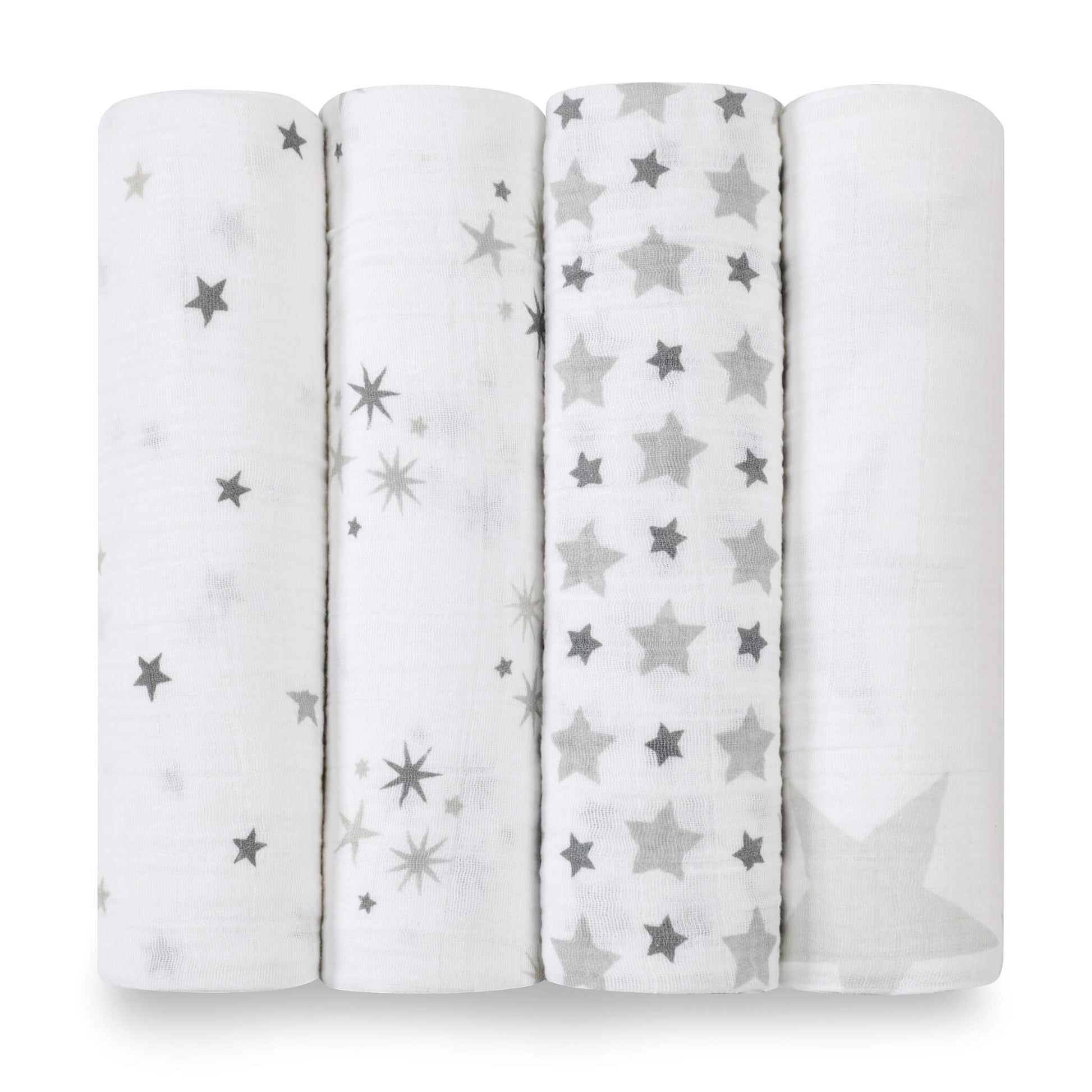 Rolled view of aden + anais Boutique Cotton Swaddle 4pk in Twinkle. Includes starry grey and white muslin swaddles. Breathable and soft cotton fabric.