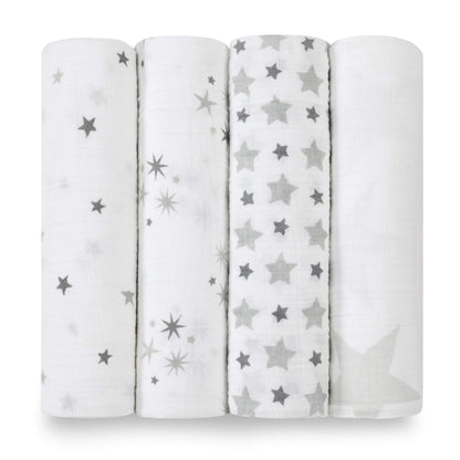 Rolled view of aden + anais Boutique Cotton Swaddle 4pk in Twinkle. Includes starry grey and white muslin swaddles. Breathable and soft cotton fabric.
