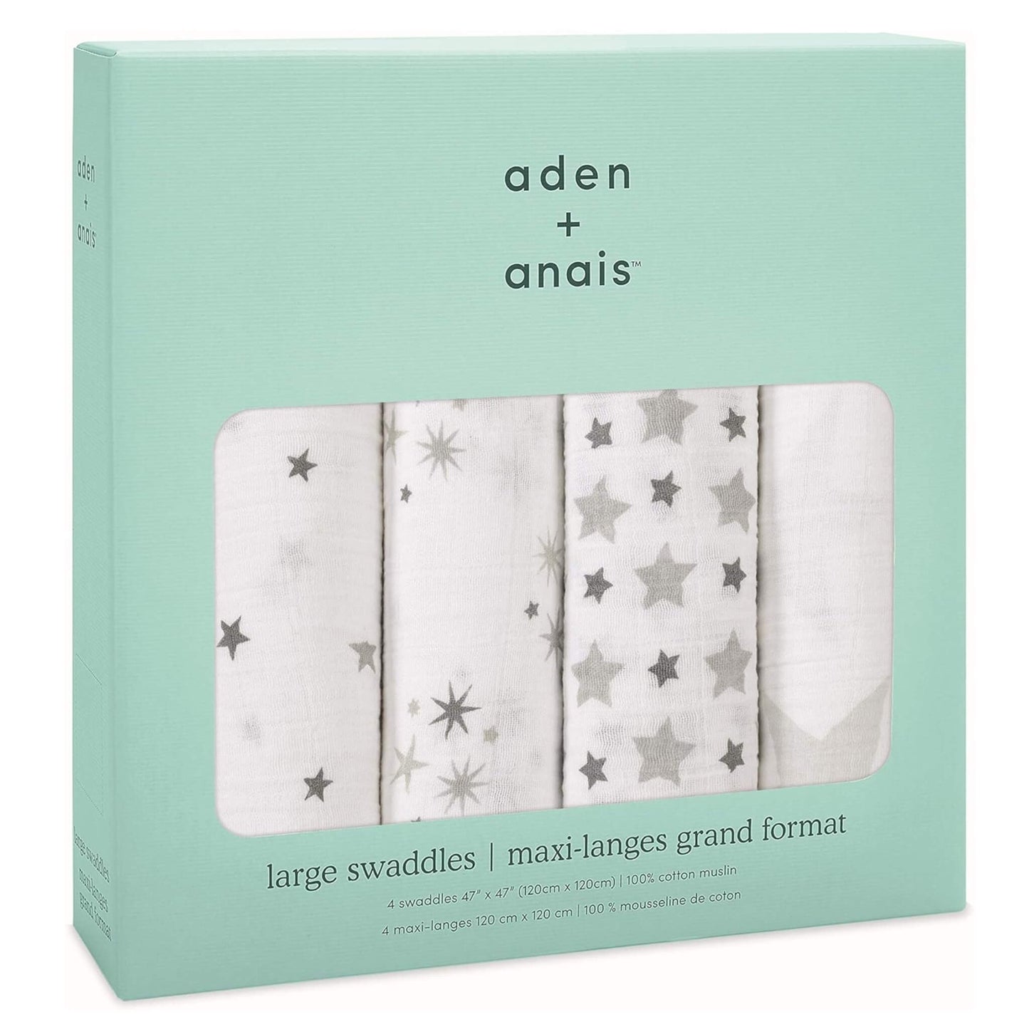 Boxed set of aden + anais Boutique Cotton Swaddles 4pk in Twinkle. Includes four breathable muslin wraps in grey and white star patterns.