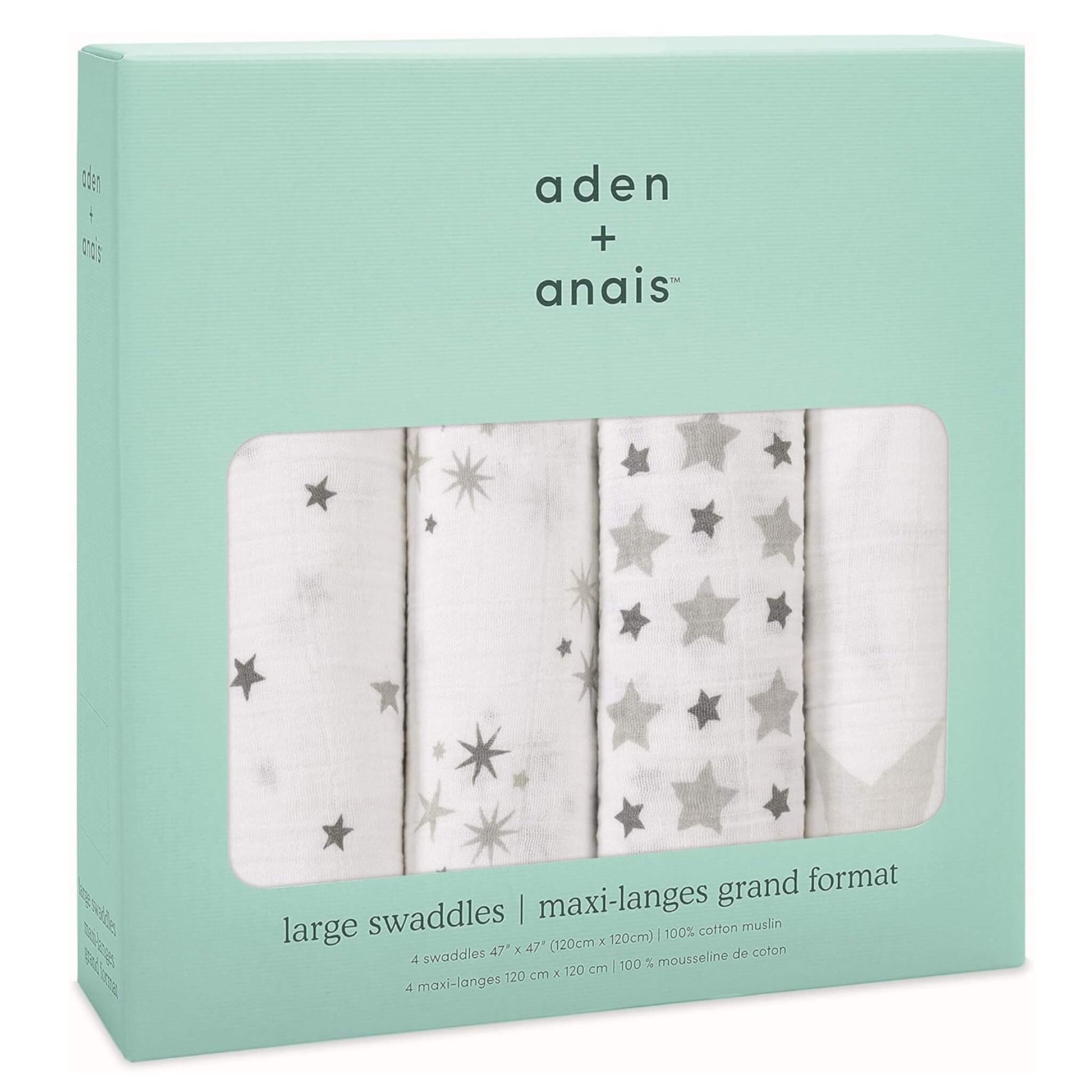 Boxed set of aden + anais Boutique Cotton Swaddles 4pk in Twinkle. Includes four breathable muslin wraps in grey and white star patterns.