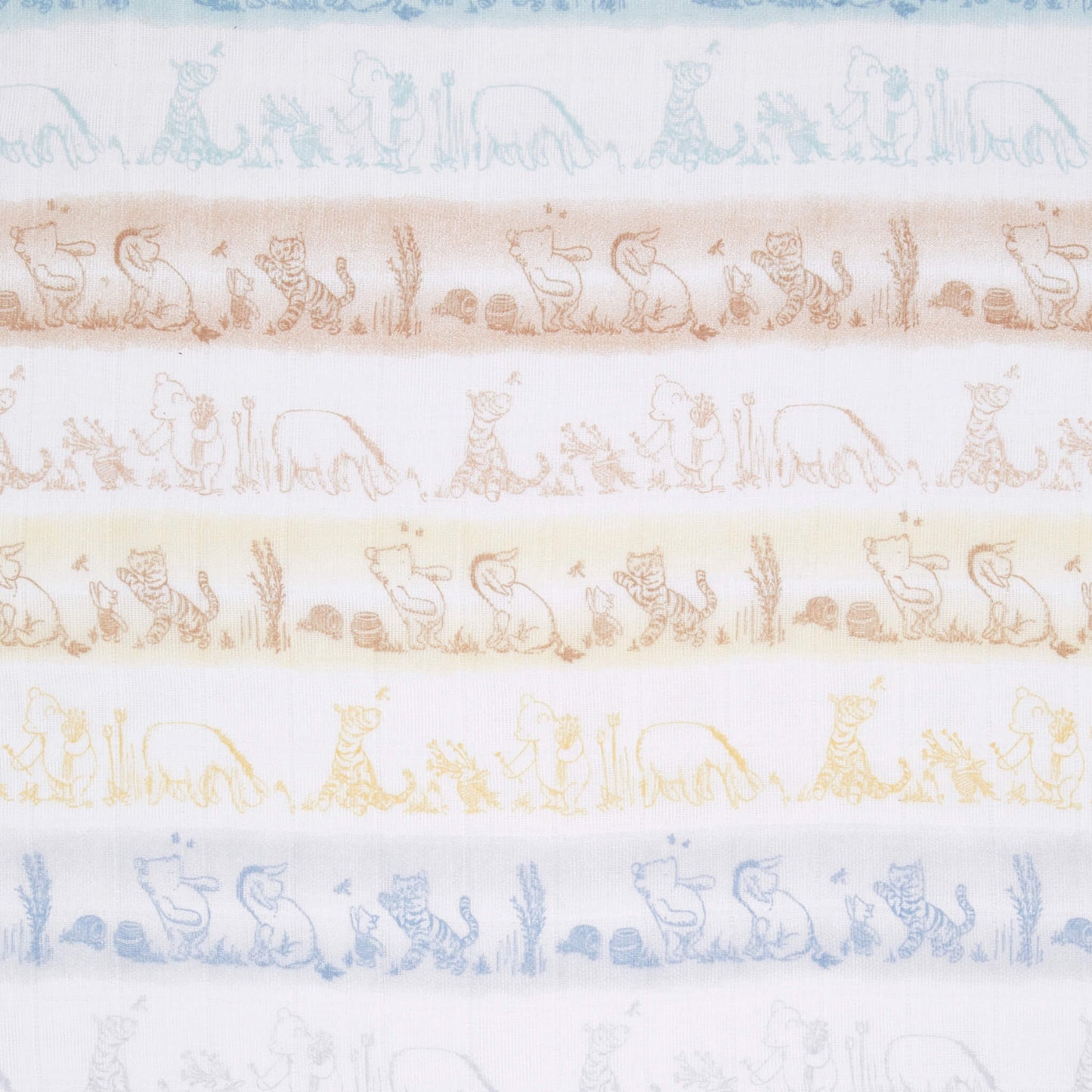 Fabric swatch of aden + anais cotton muslin swaddle showing horizontal stripes of Winnie the Pooh and friends in soft earthy and pastel tones.
