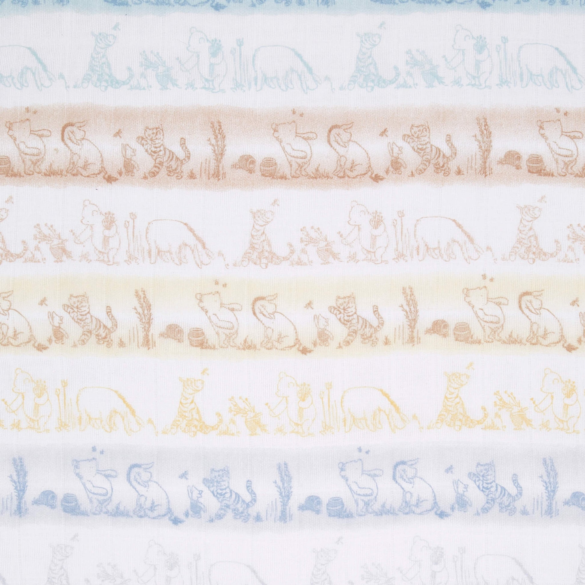 Fabric swatch of aden + anais cotton muslin swaddle showing horizontal stripes of Winnie the Pooh and friends in soft earthy and pastel tones.