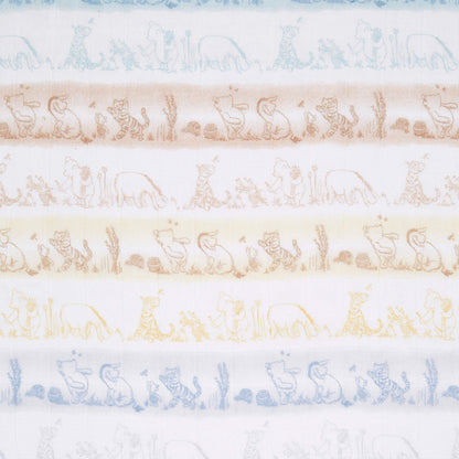Fabric swatch of aden + anais cotton muslin swaddle showing horizontal stripes of Winnie the Pooh and friends in soft earthy and pastel tones.