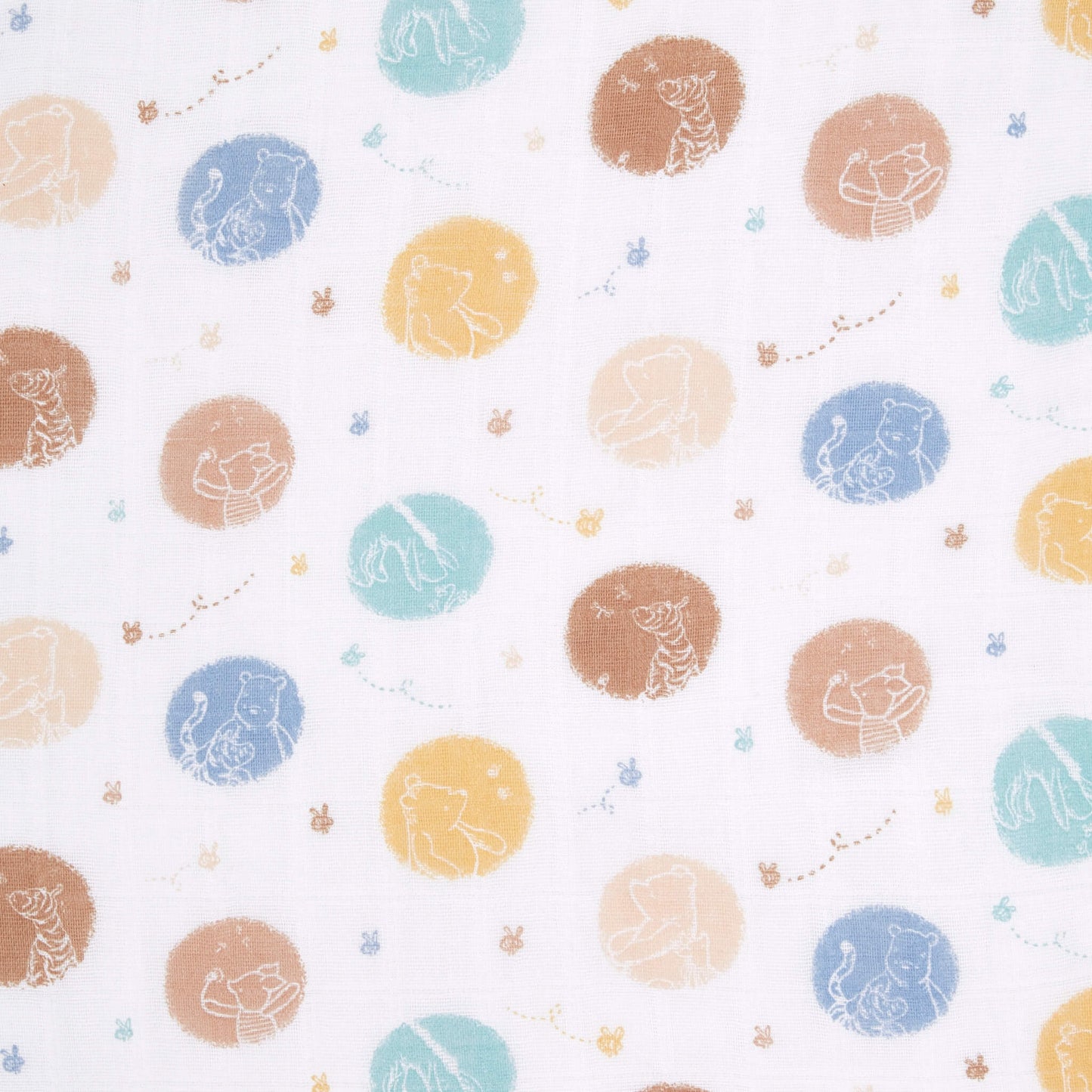 Fabric swatch of aden + anais cotton muslin swaddle featuring Winnie the Pooh character outlines in multicoloured dot pattern.