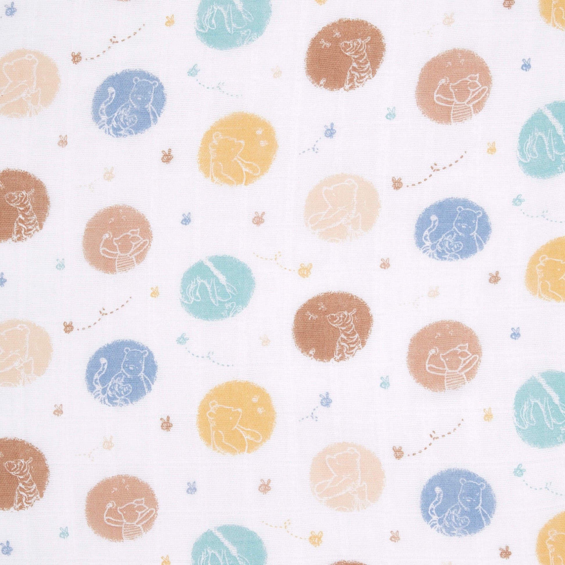 Fabric swatch of aden + anais cotton muslin swaddle featuring Winnie the Pooh character outlines in multicoloured dot pattern.